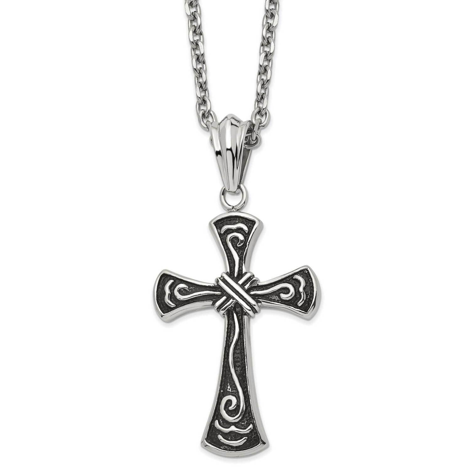 Antiqued and Polished Cross 24 Inch Necklace Stainless Steel SRN2857-24