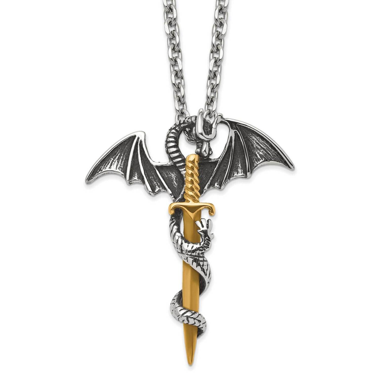 Antiqued & Polished Yellow Ip Dragon/Sword 24 Inch Necklace Stainless Steel SRN2858-24