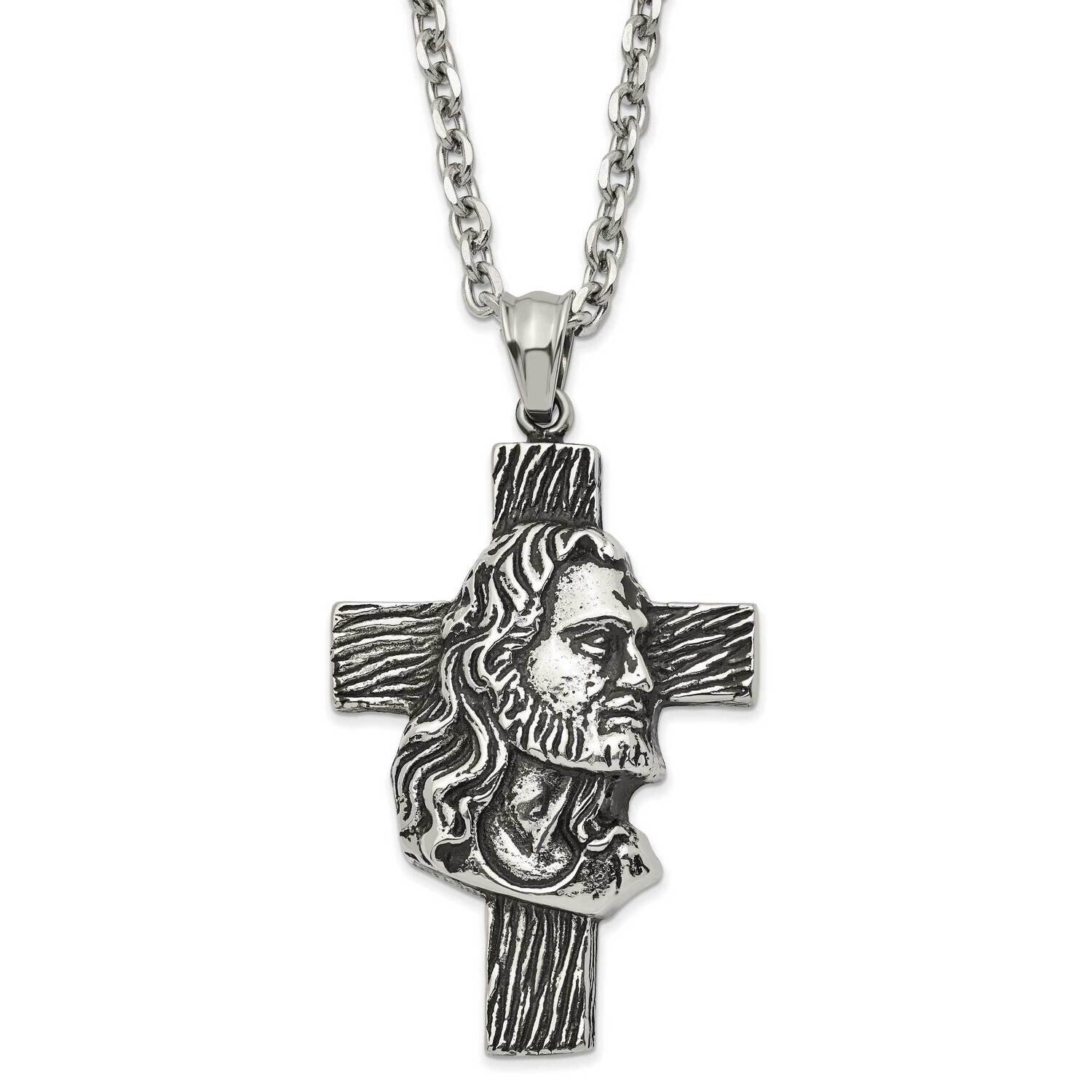 Antiqued and Polished Jesus Cross Necklace Stainless Steel SRN2861-24