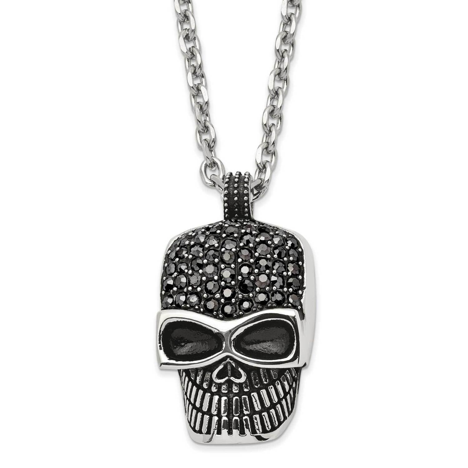 24 Inch Polished and Antiqued with Black Crystal Skull Neckla Stainless Steel SRN2862-24