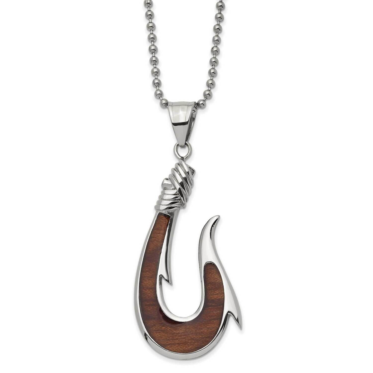 Rosewood Inlay Hook 22 Inch Necklace Stainless Steel Polished SRN2883-22 by Chisel, MPN: SRN2883-22…
