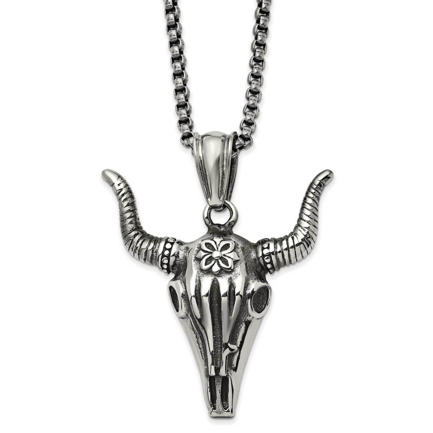 Antiqued and Polished Bull Skull 24 Inch Necklace Stainless Steel SRN2899-24 by Chisel, MPN: SRN289…