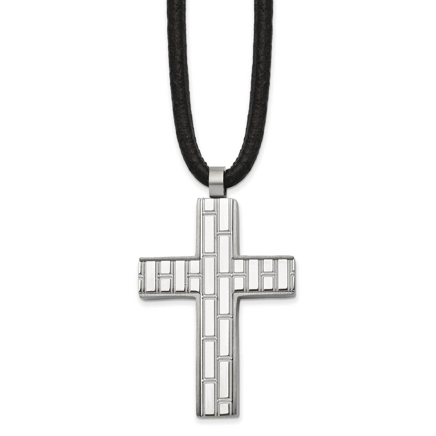 Polished Cross Black Rubber Cord 19.5 Inch Necklace Stainless Steel Brushed SRN2917-19.5