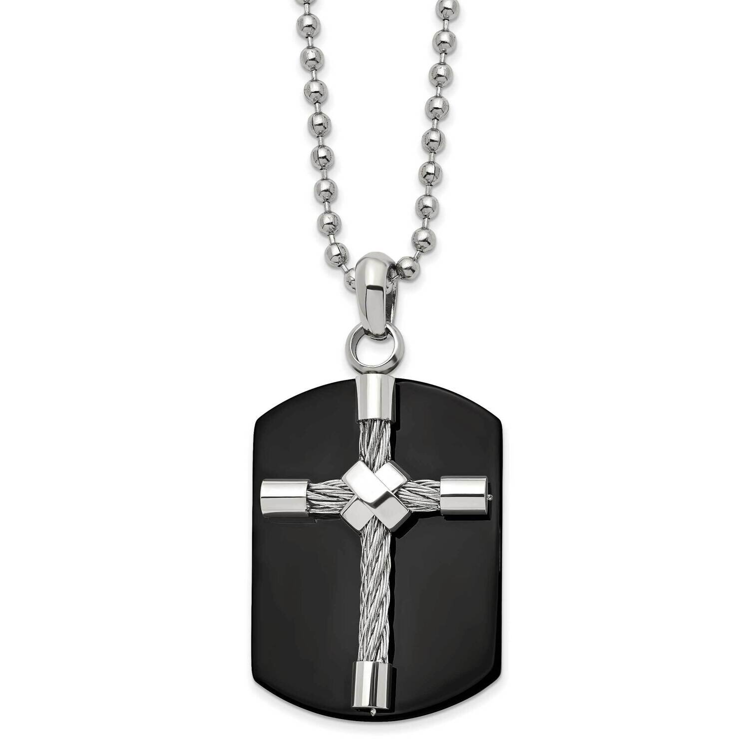 Black Ip-Plated Wire Cross Dog Tag 24 Inch Necklace Stainless Steel Polished SRN2937-24