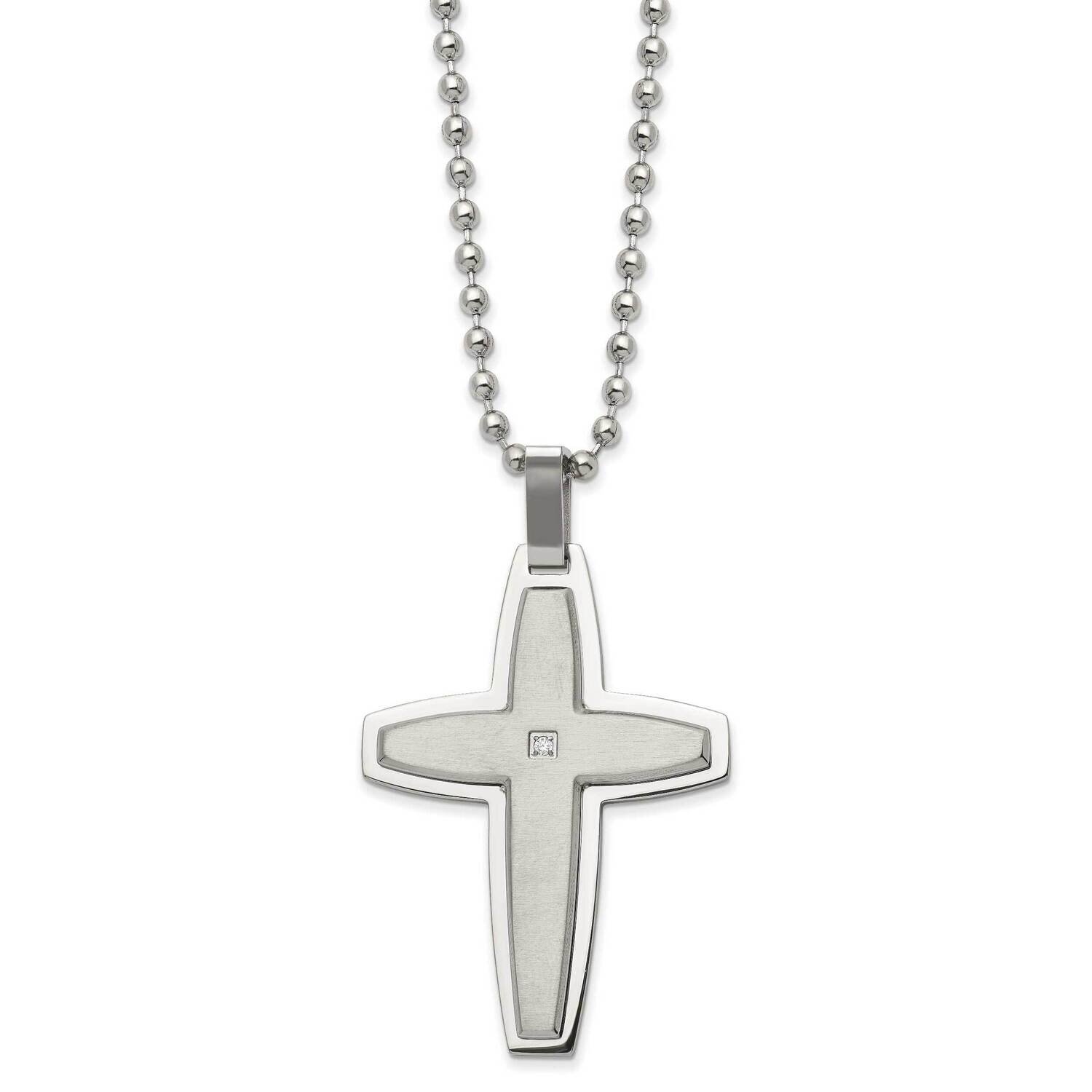 Polished with CZ Diamond Cross 22 Inch Necklace Stainless Steel Brushed SRN2939-22
