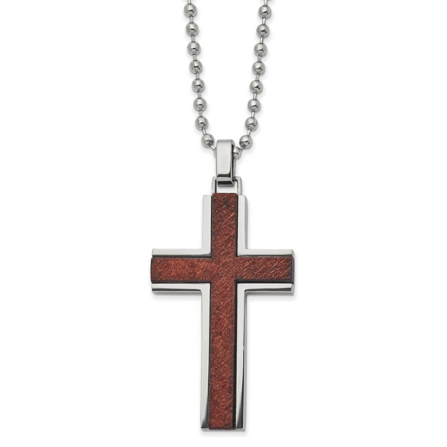 Wood Inlay Cross 22 Inch Necklace Stainless Steel Polished SRN2942-22