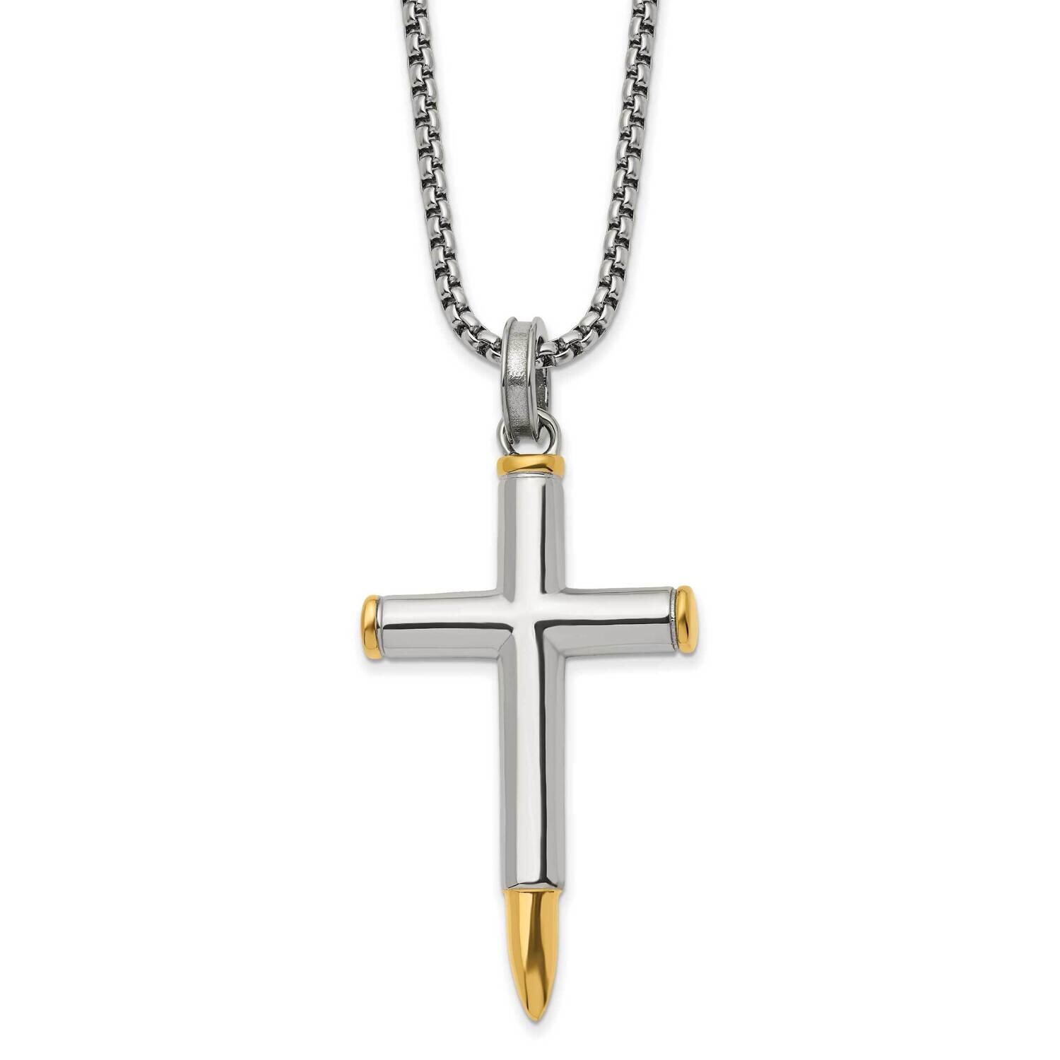 Yellow Ip-Plated Bullet Cross 24 Inch Necklace Stainless Steel Polished SRN2948-24