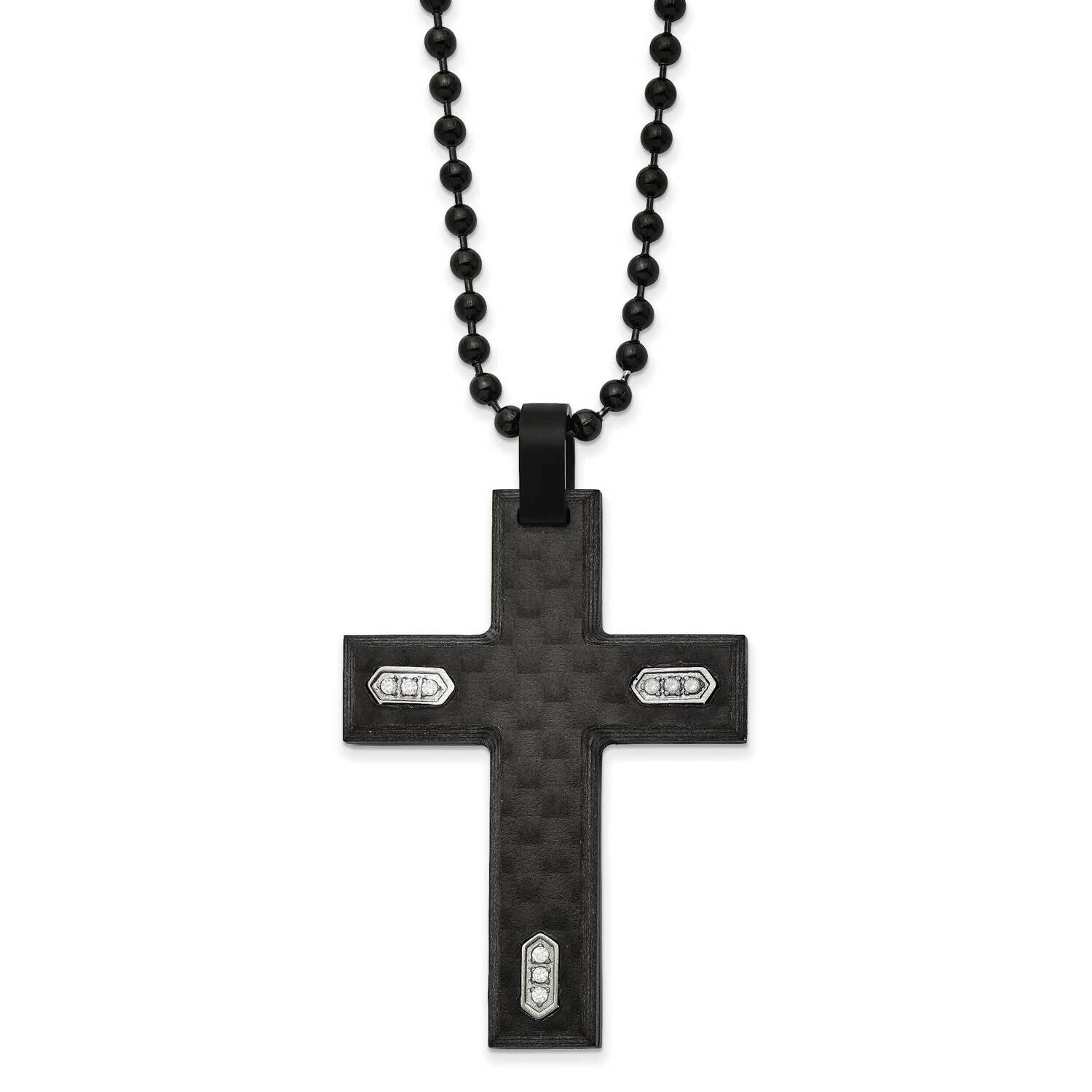 Black Ip & Carbon Fiber with CZ Diamond Cross 24 Inch Necklace Stainless Steel Brushed SRN2961-24