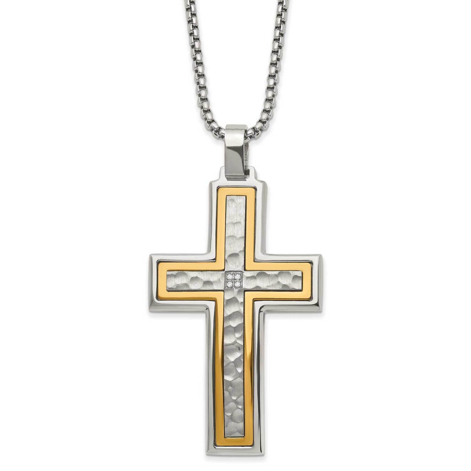 Polished Yellow Ip with CZ Diamond Cross 24 Inch Necklace Stainless Steel Brushed SRN2963-24