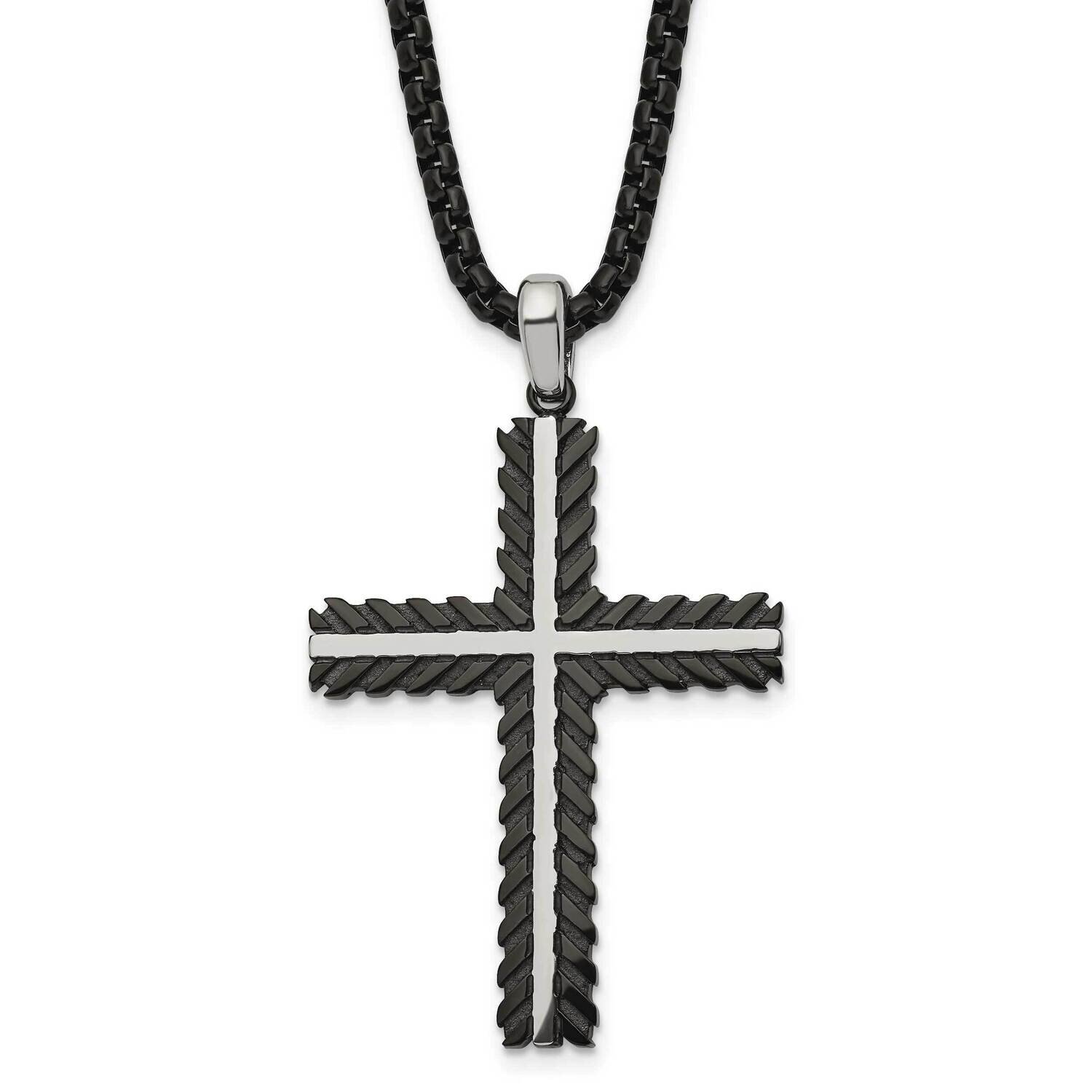 Polished Black Ip-Plated Cross 24 Inch Necklace Stainless Steel Brushed SRN2966-24