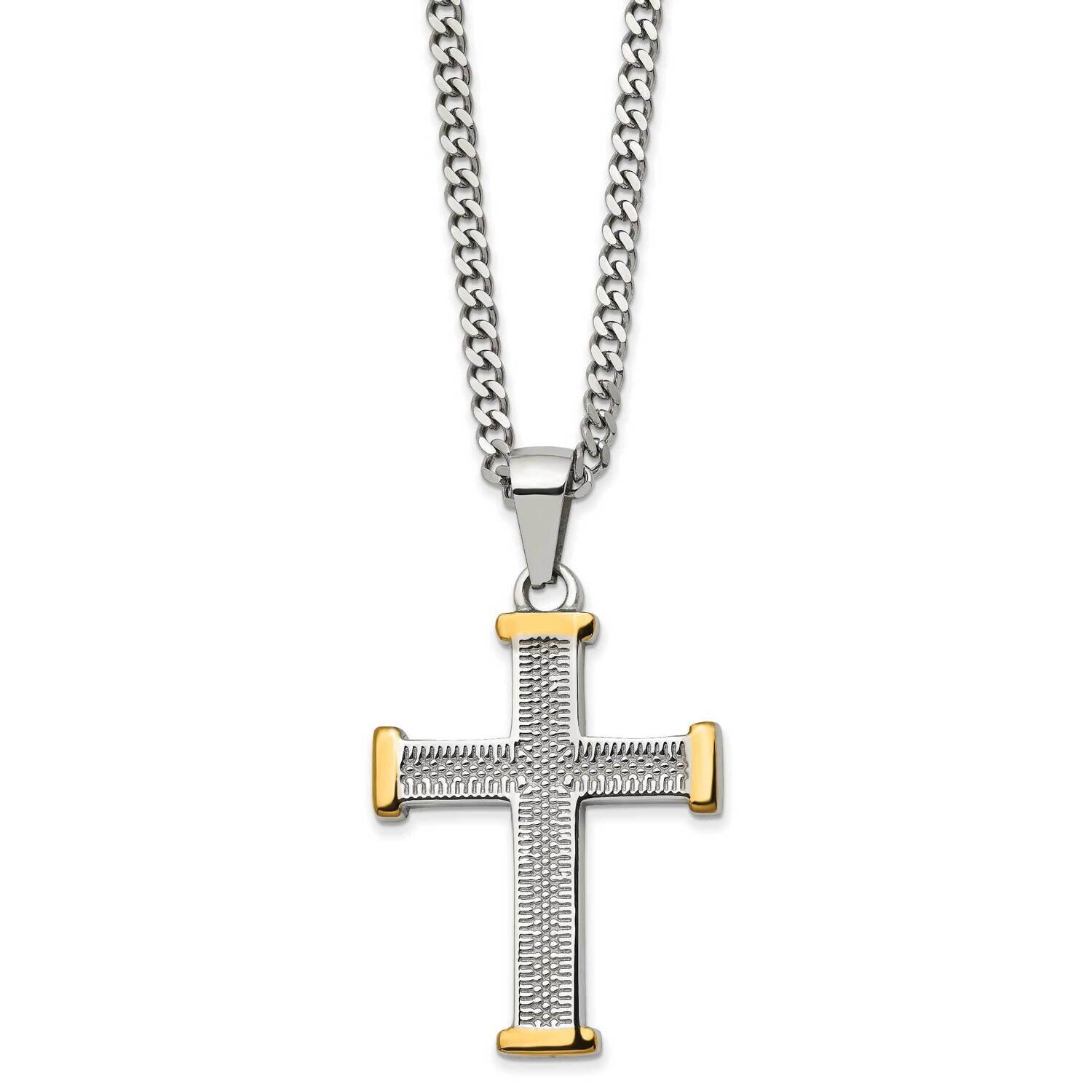 Textured & Polished Yellow Ip-Plated Cross 22 Inch Necklace Stainless Steel SRN2970-22