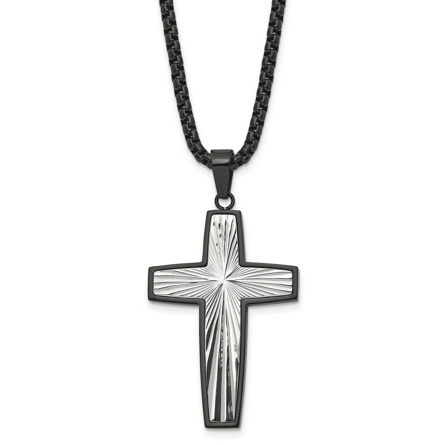 Textured Black Ip-Plated Cross 24 Inch Necklace Stainless Steel Polished SRN2972-24