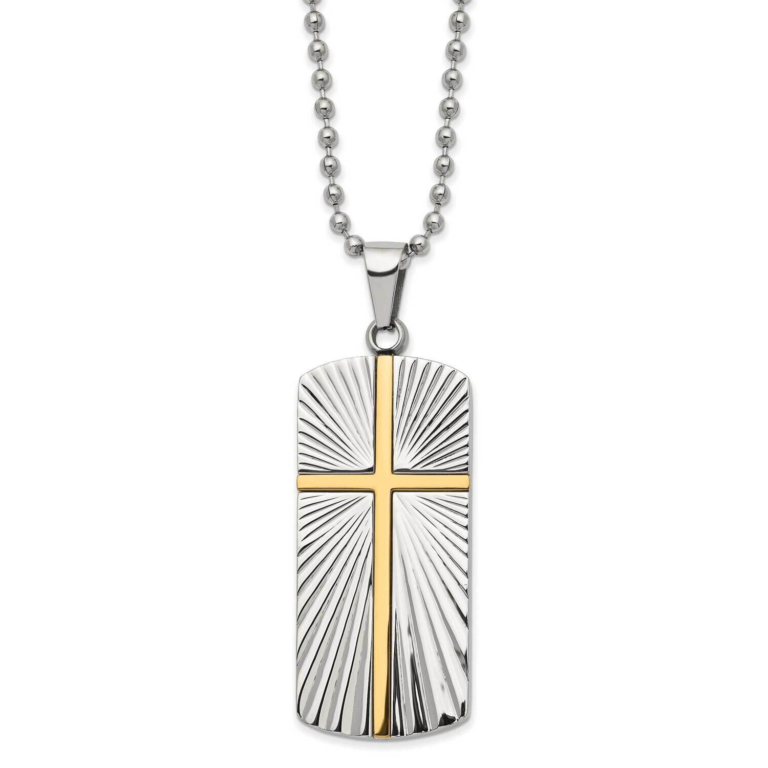 Textured Yellow Ip Cross Dogtag 22 Inch Necklace Stainless Steel Polished SRN2973-22