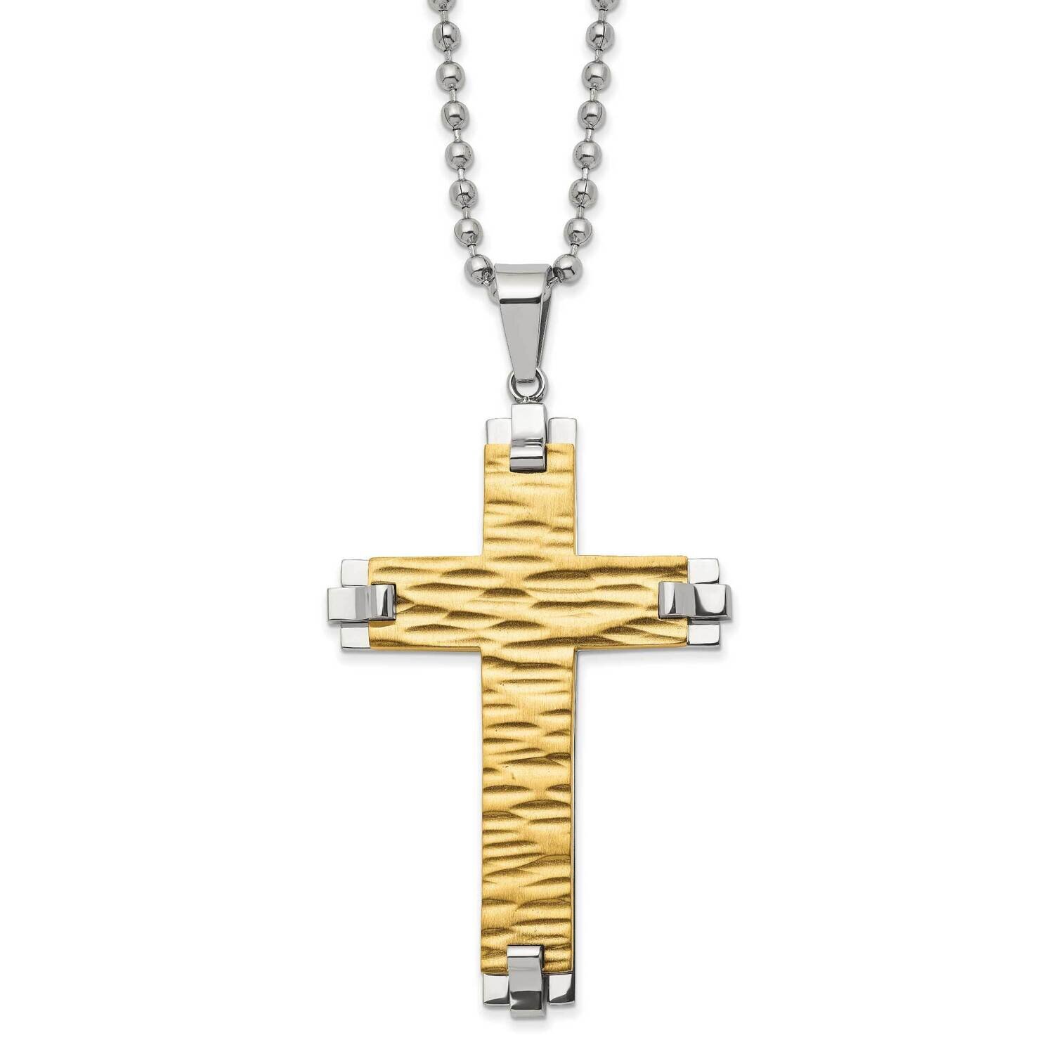 Polished & Textured Yellow Ip Cross 22 Inch Necklace Stainless Steel Brushed SRN2974-22