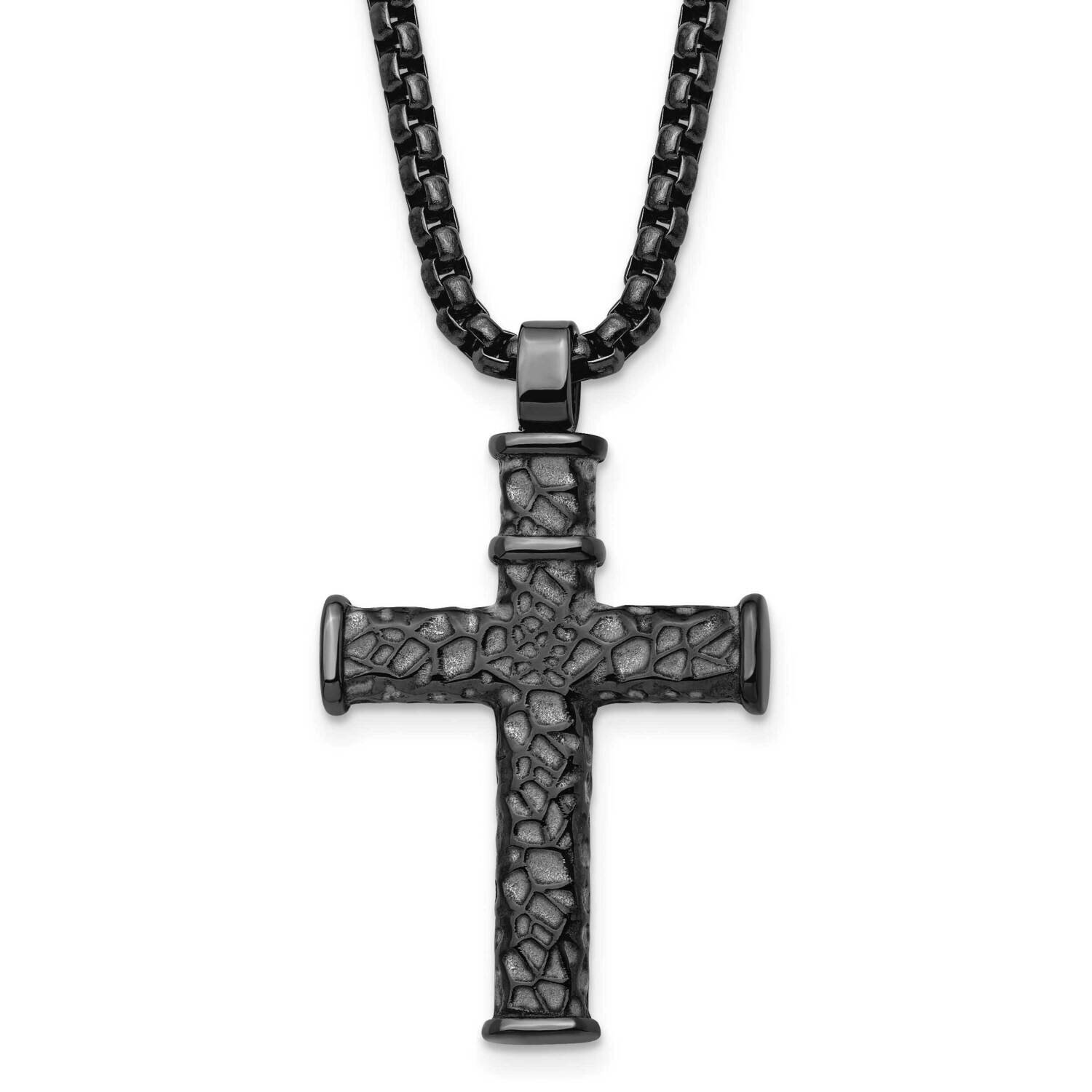 Polished & Textured Gunmetal Ip Cross 24 Inch Necklace Stainless Steel Brushed SRN2980-24