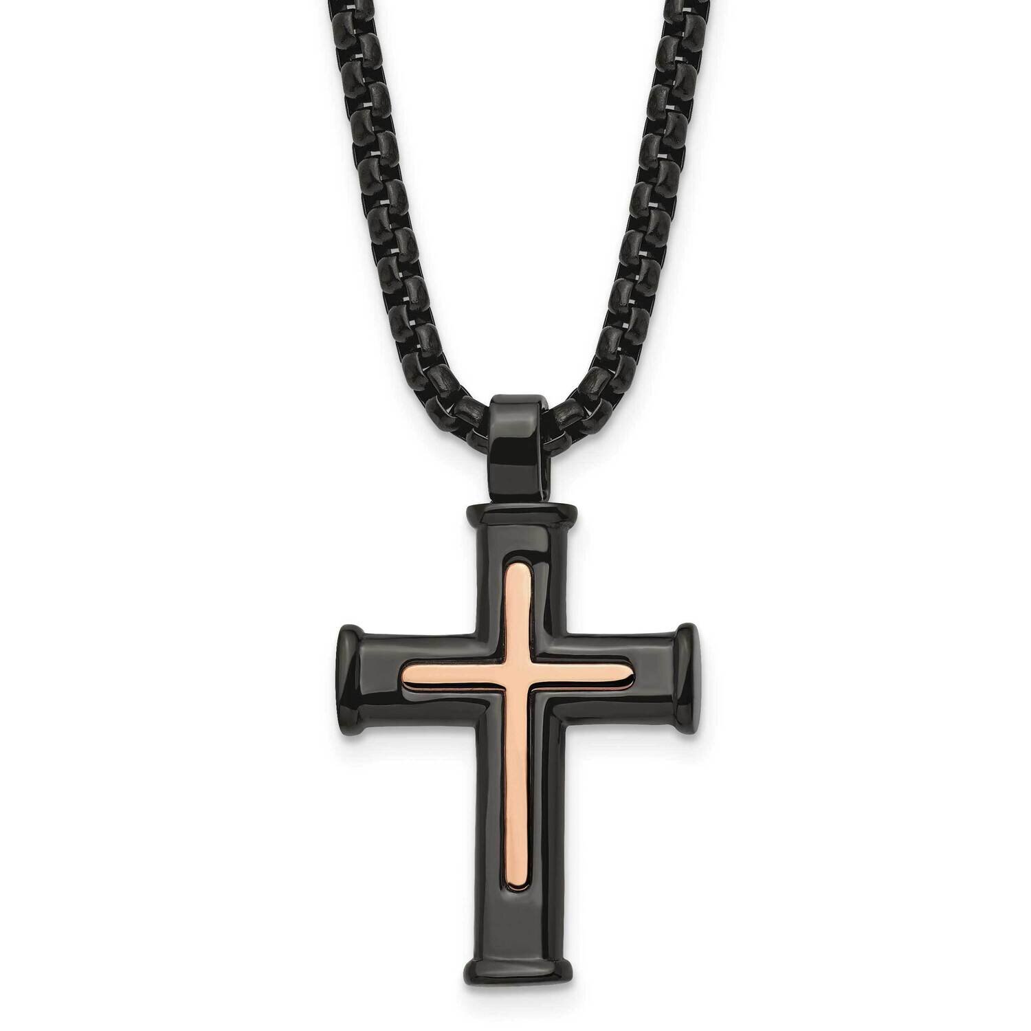 Black/Rose Ip-Plated Cross 24 Inch Necklace Stainless Steel Polished SRN2981-24