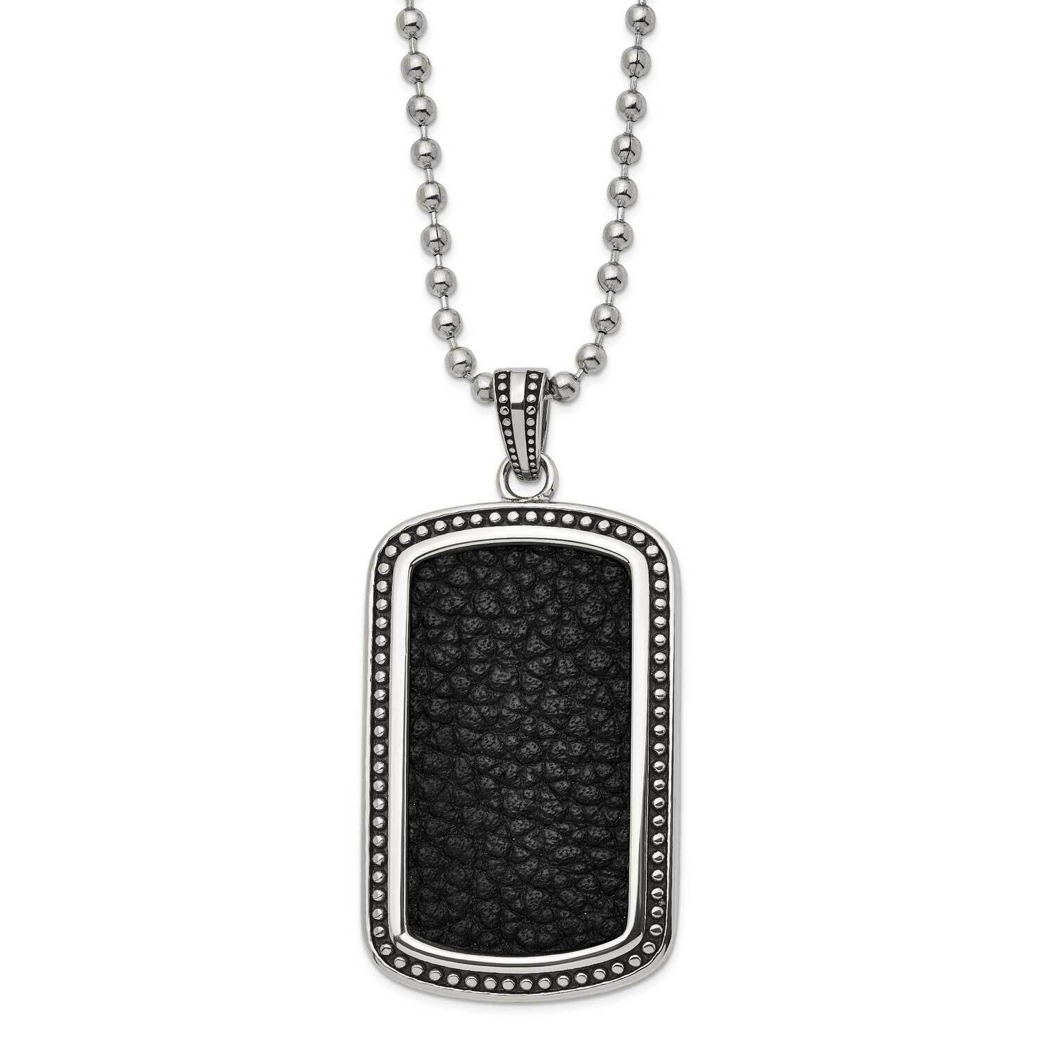 Antiqued & Polished Black Leather Inlay Dogtag 22 Inch Necklace Stainless Steel SRN2983-22