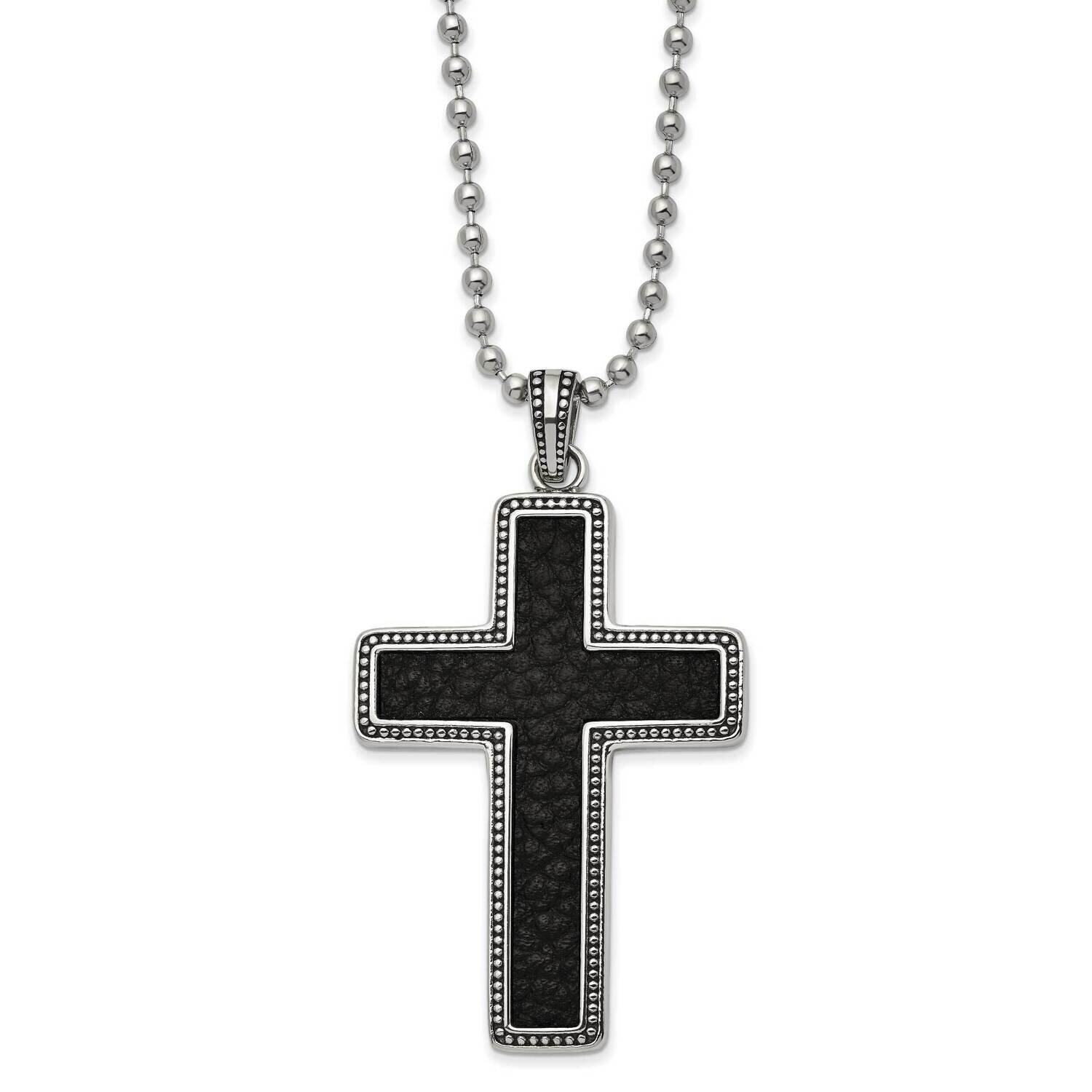 Antiqued & Polished Black Leather Inlay Cross 22 Inch Necklace Stainless Steel SRN2984-22