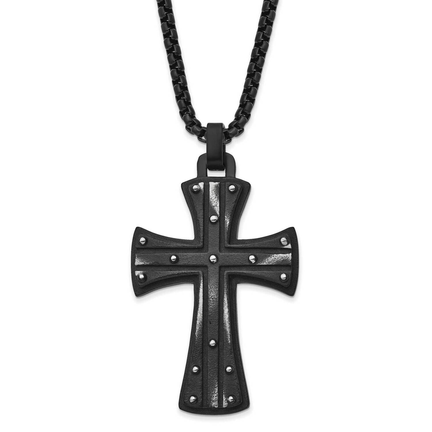 Antiqued and Brushed Black Ip-Plated Cross 24 Inch Necklace Stainless Steel SRN2986-24