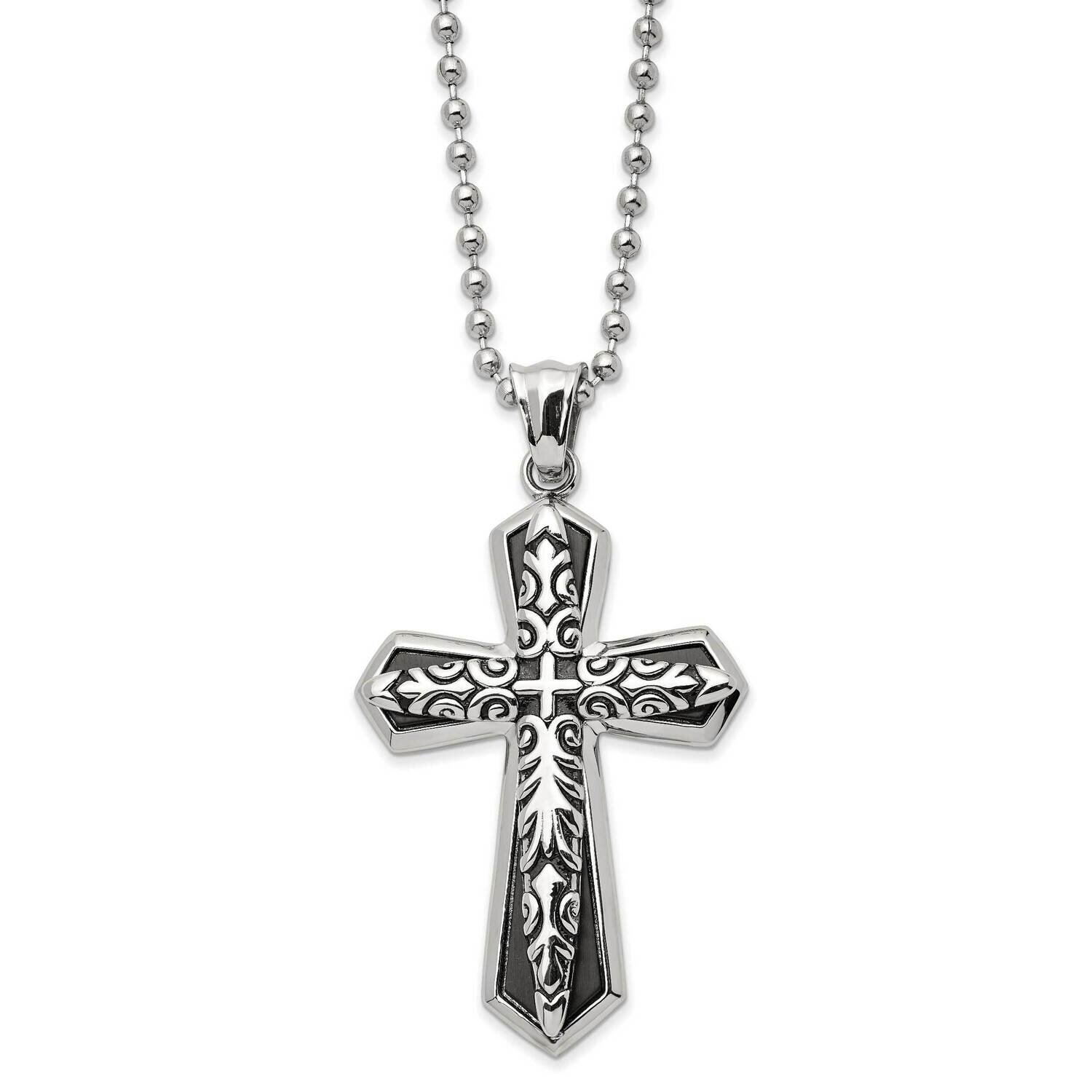 Antiqued and Polished Black Ip-Plated Cross 22 Inch Necklace Stainless Steel SRN2994-22
