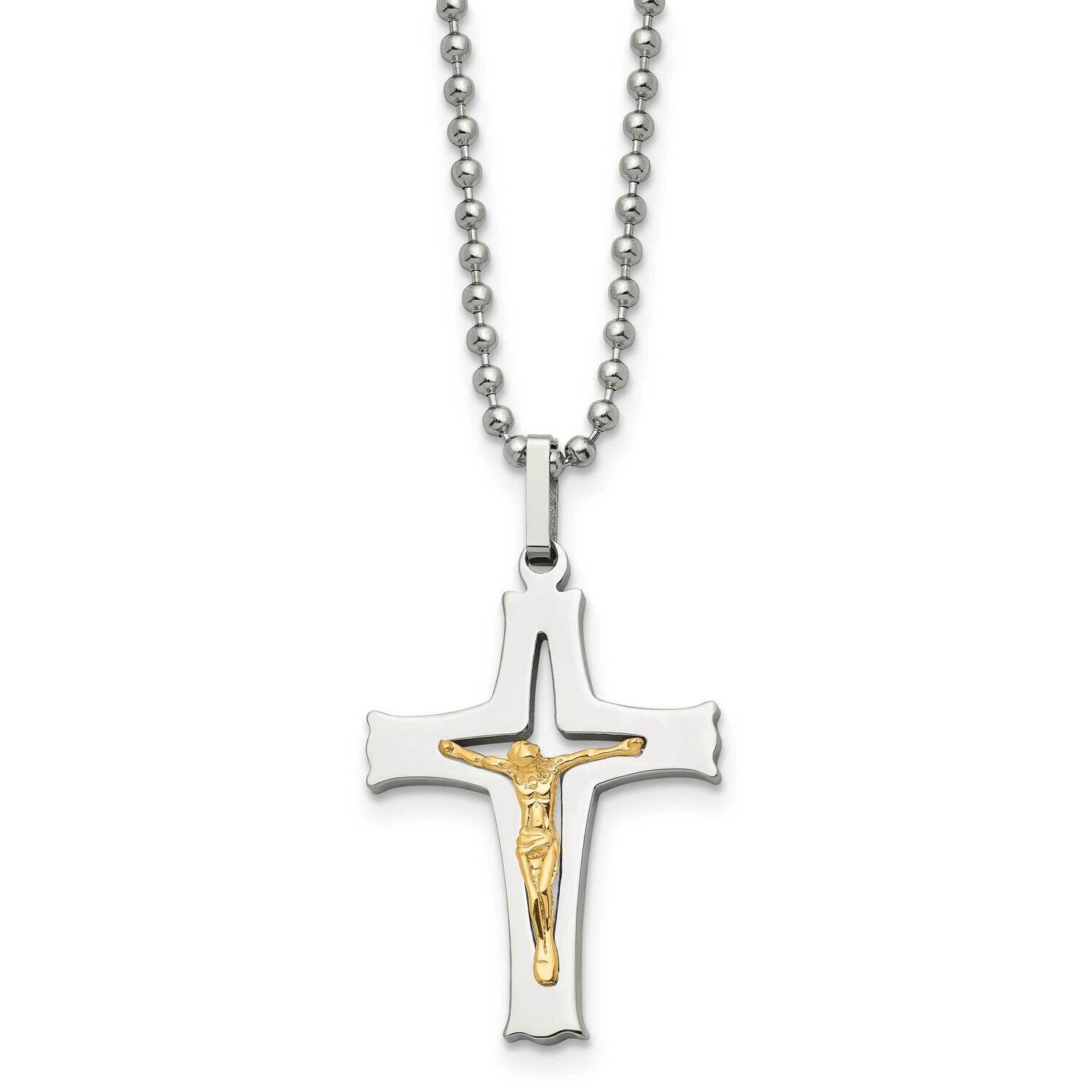 Stainless Steel 22 Inch Polished with Accent Crucifix Necklace 14k Gold SRN486-22