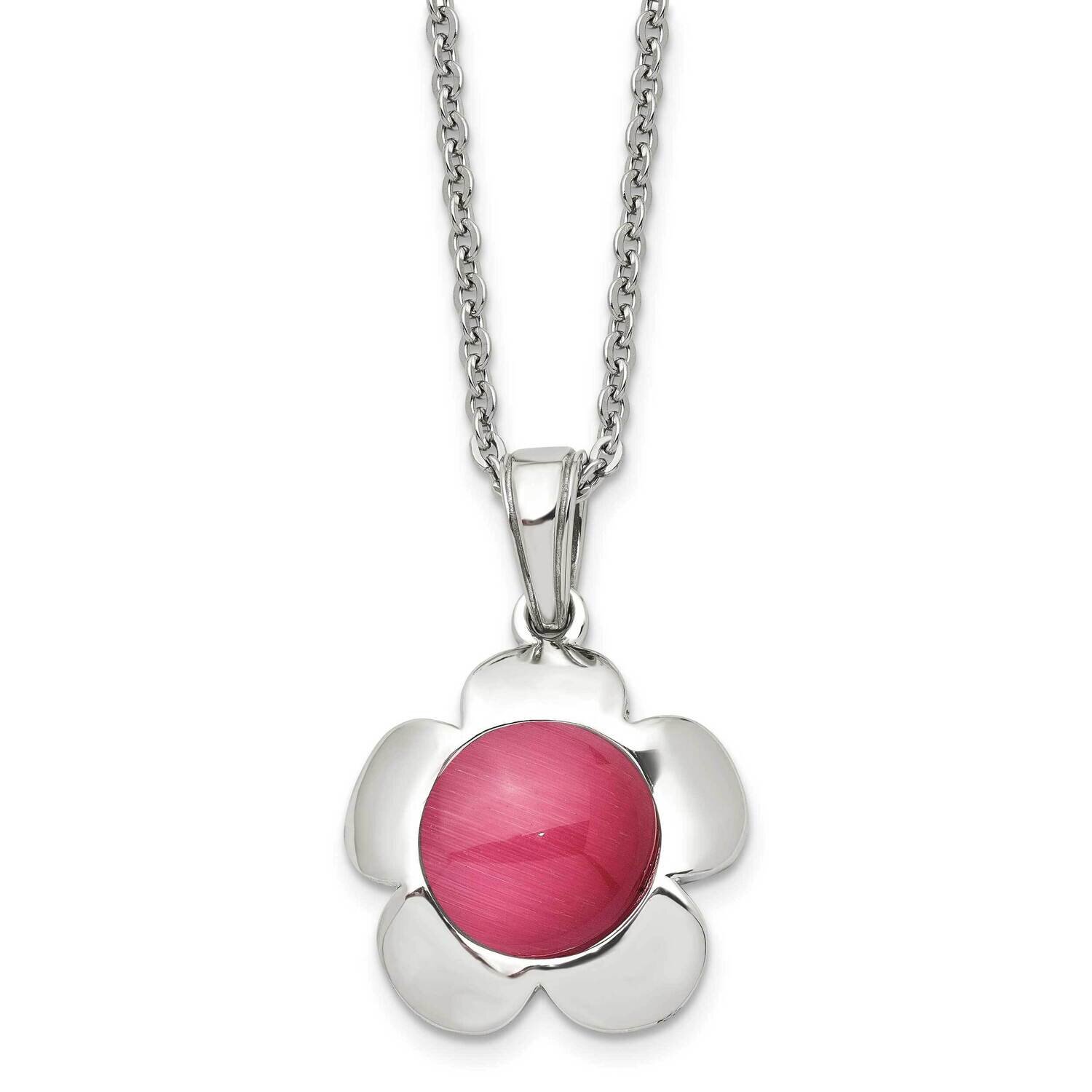 Flower with Pink Cat's Eye 18 Inch Necklace Stainless Steel Polished SRN893-18