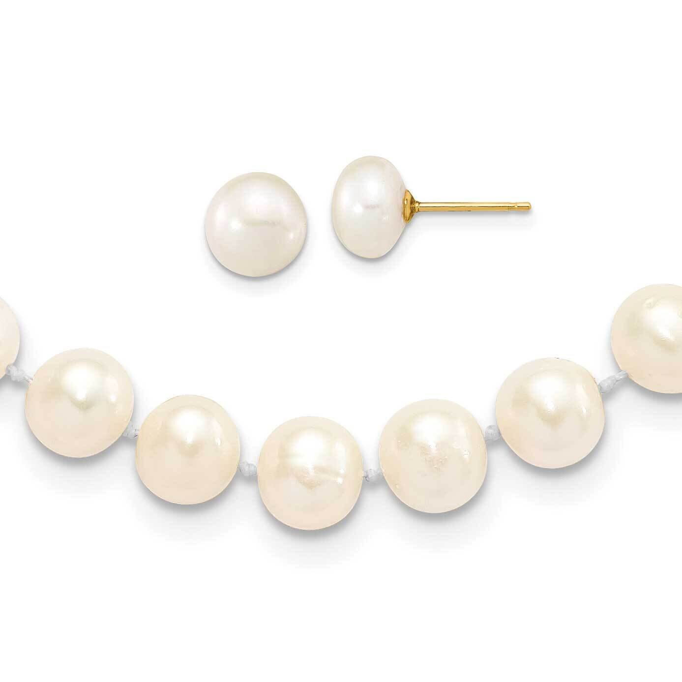 7-8mm Near Round White Cultured Freshwater Pearl Necklace & Button Earring Set 14k Gold XF497WSET