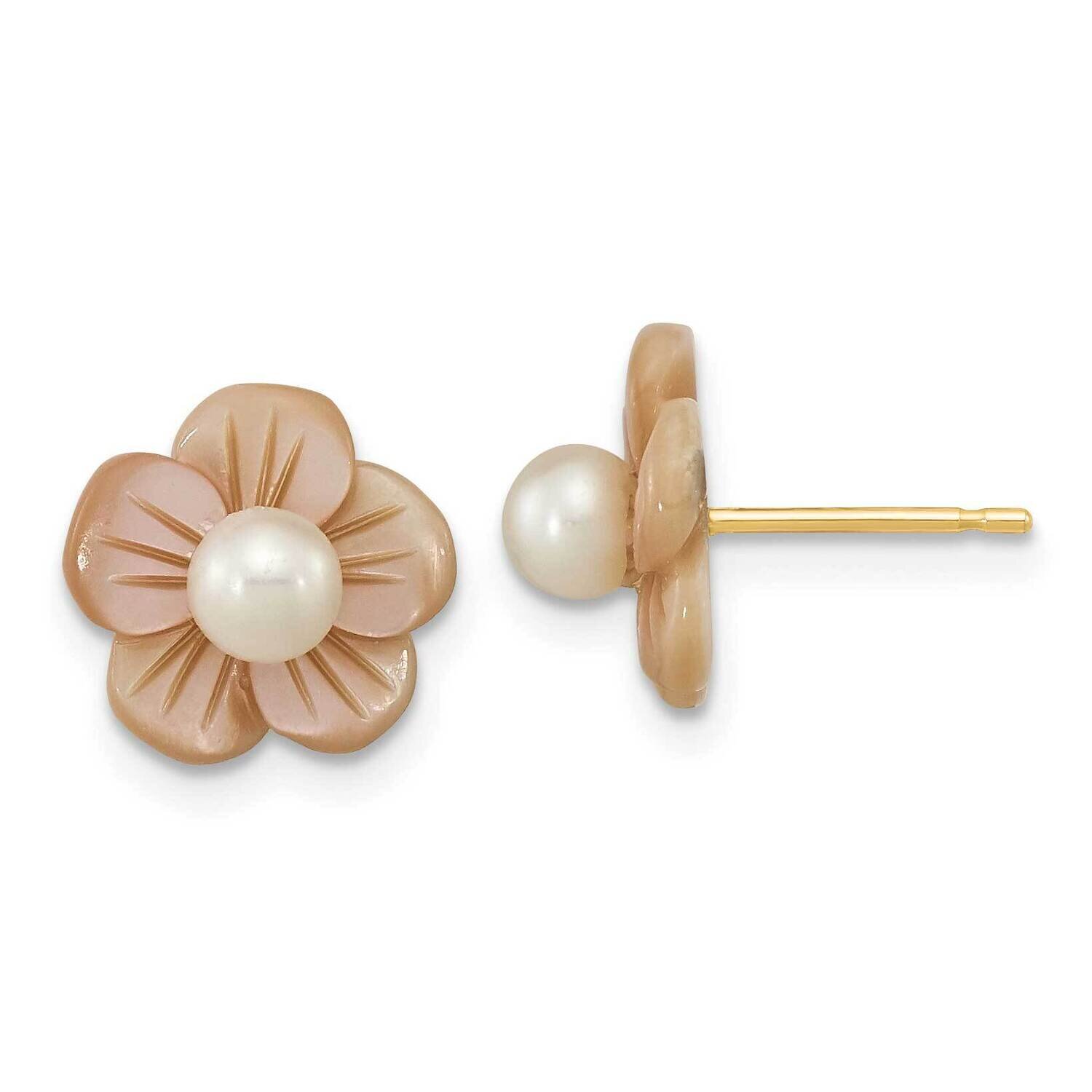 3-4mm Round White Cultured Freshwater Pearl Pink Mop Flower Earrings 14k Gold XF592EPWY