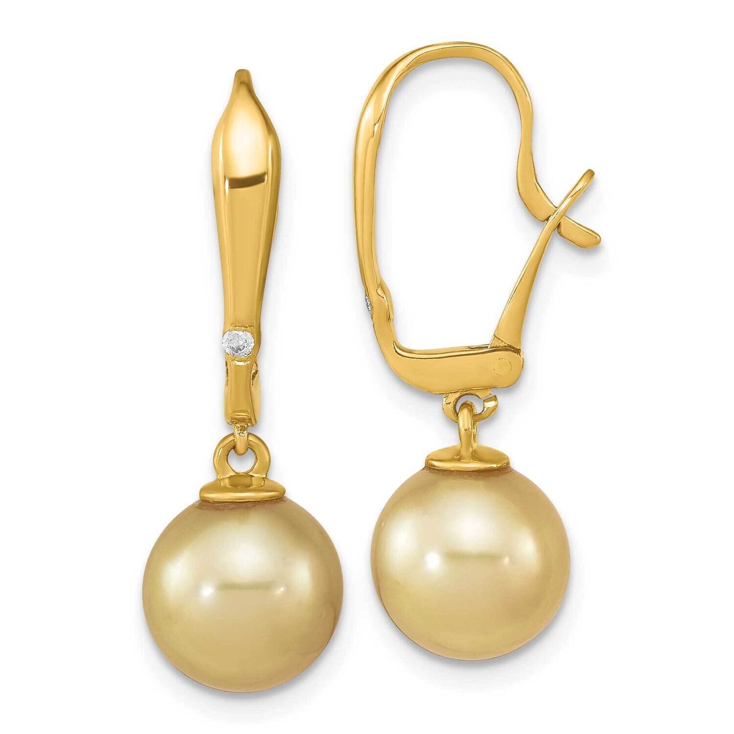 9-10mm Round Golden Saltwater South Sea Pearl .02Ct Diamond Earrings 14k Gold XF758E, MPN: XF758E, …