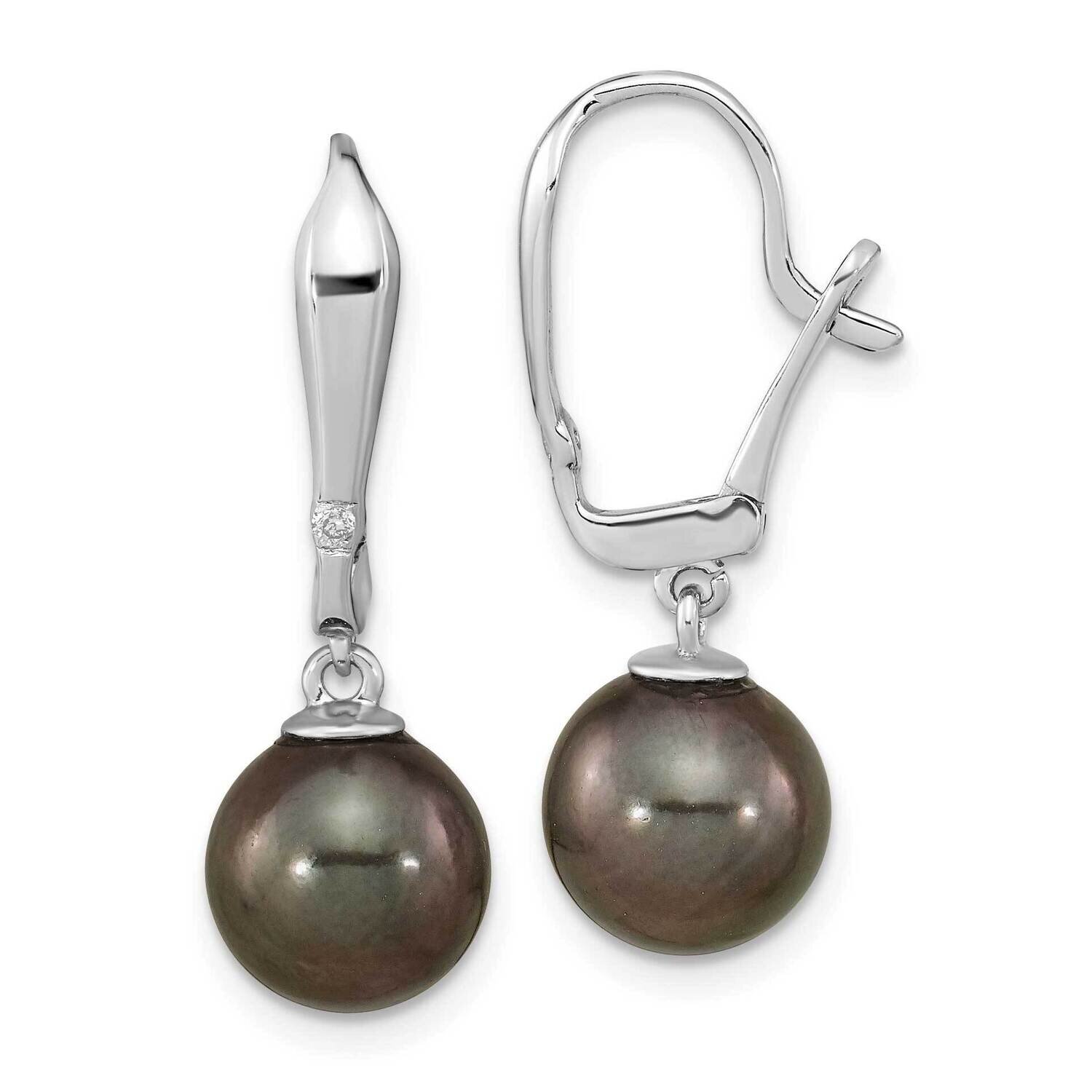 9-10mm Round Black Saltwater Tahitian Pearl .02Ct Diamond Dangle Earrings 14k White Gold XF762E, MP…