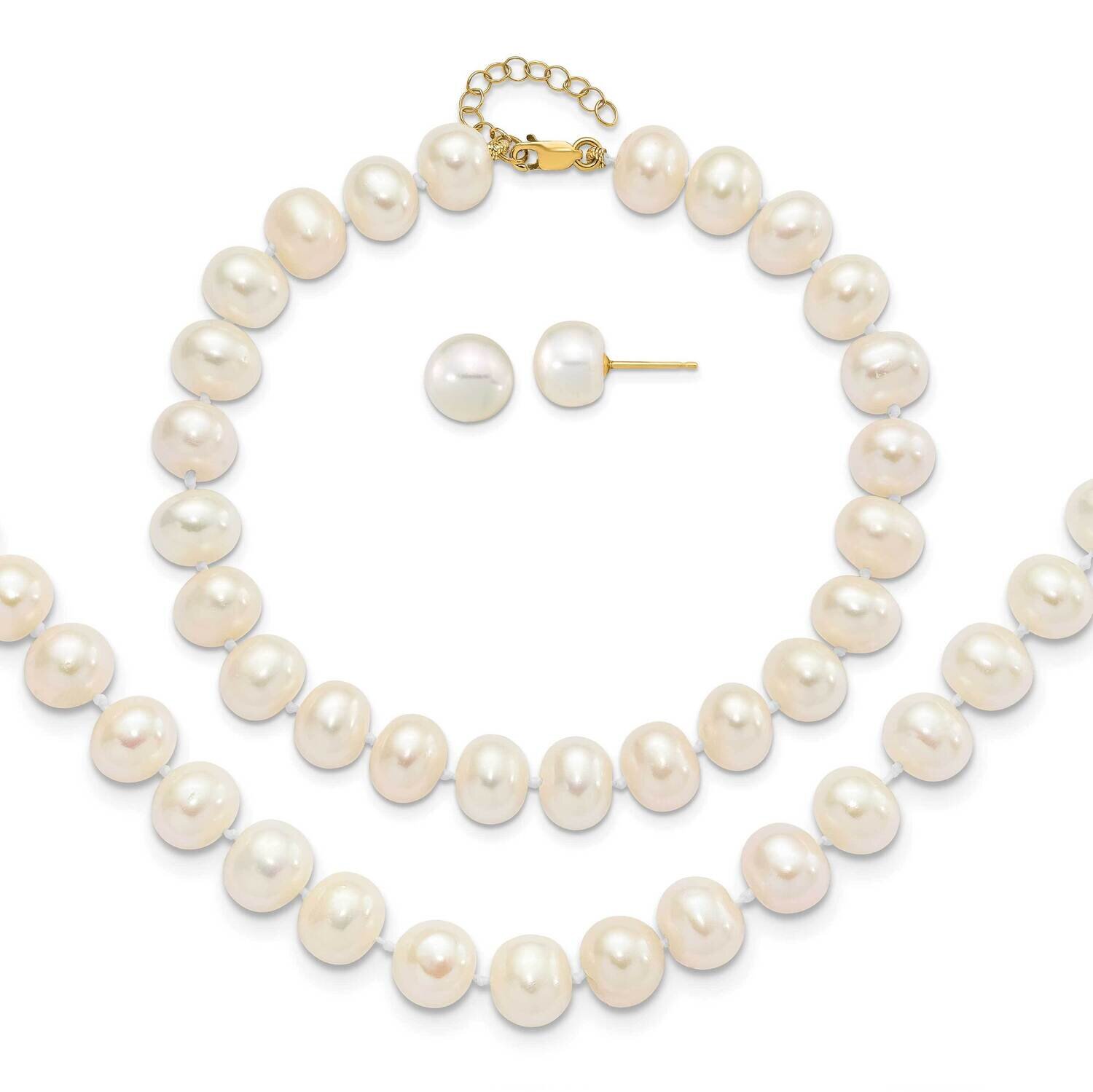 8-9mm Near Rnd Cultured Freshwater Pearl Earring with 1 Inch Extender Bracelet with 2 Inch Necklace Set 14k Gold XF769SET