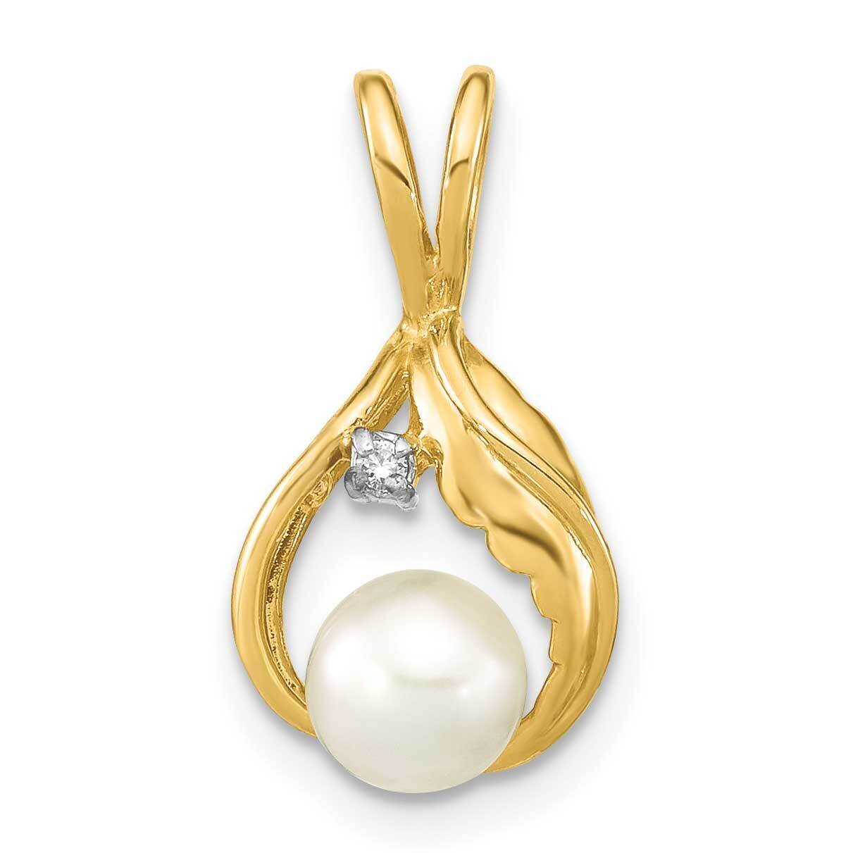 5-6mm White Button Cultured Freshwater Pearl .01Ct Diamond Pendant 14k Gold XF780, MPN: XF780,