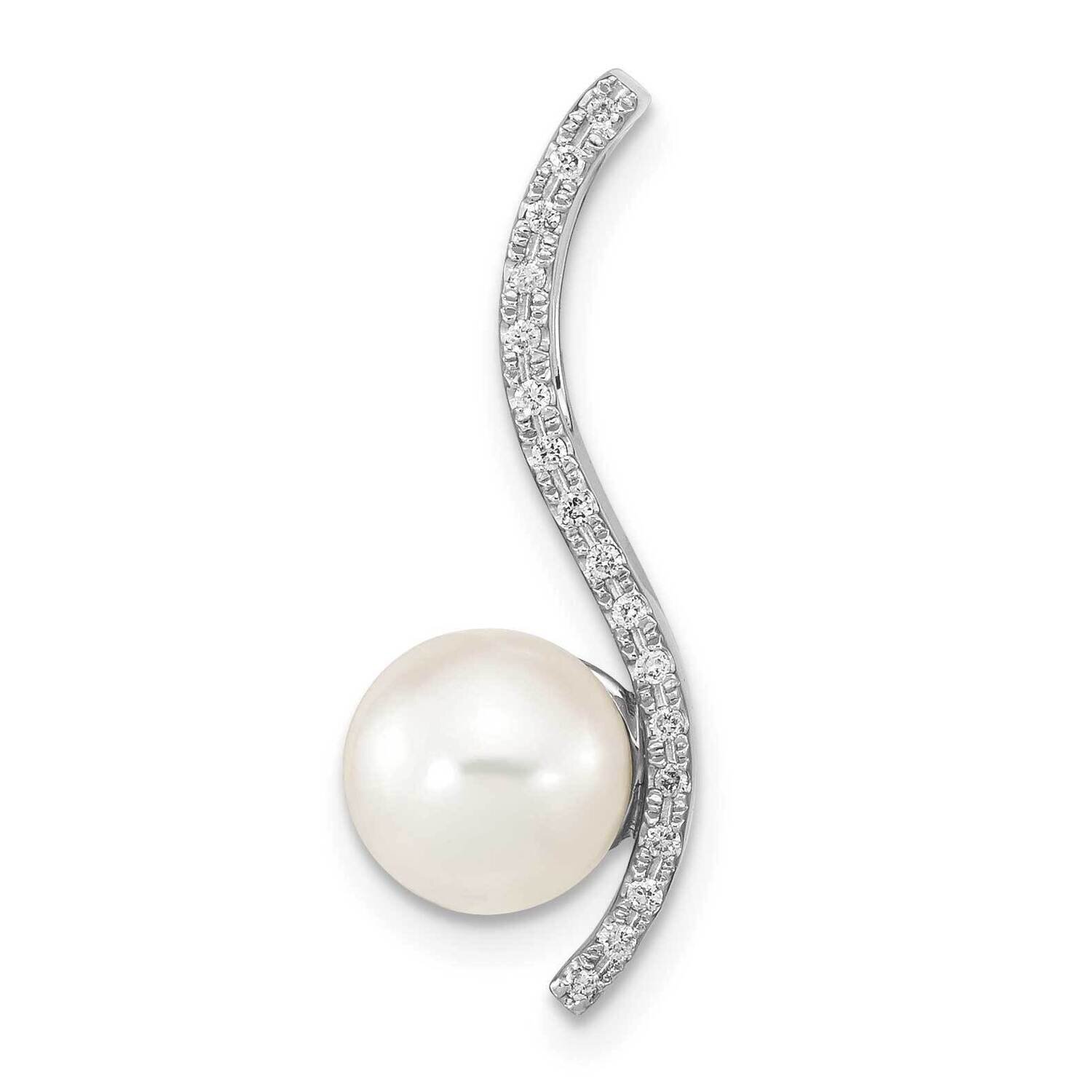 7-8mm Round White Saltwater Akoya Pearl .06Ct Diamond Chain Slide 14k White Gold XF785, MPN: XF785,