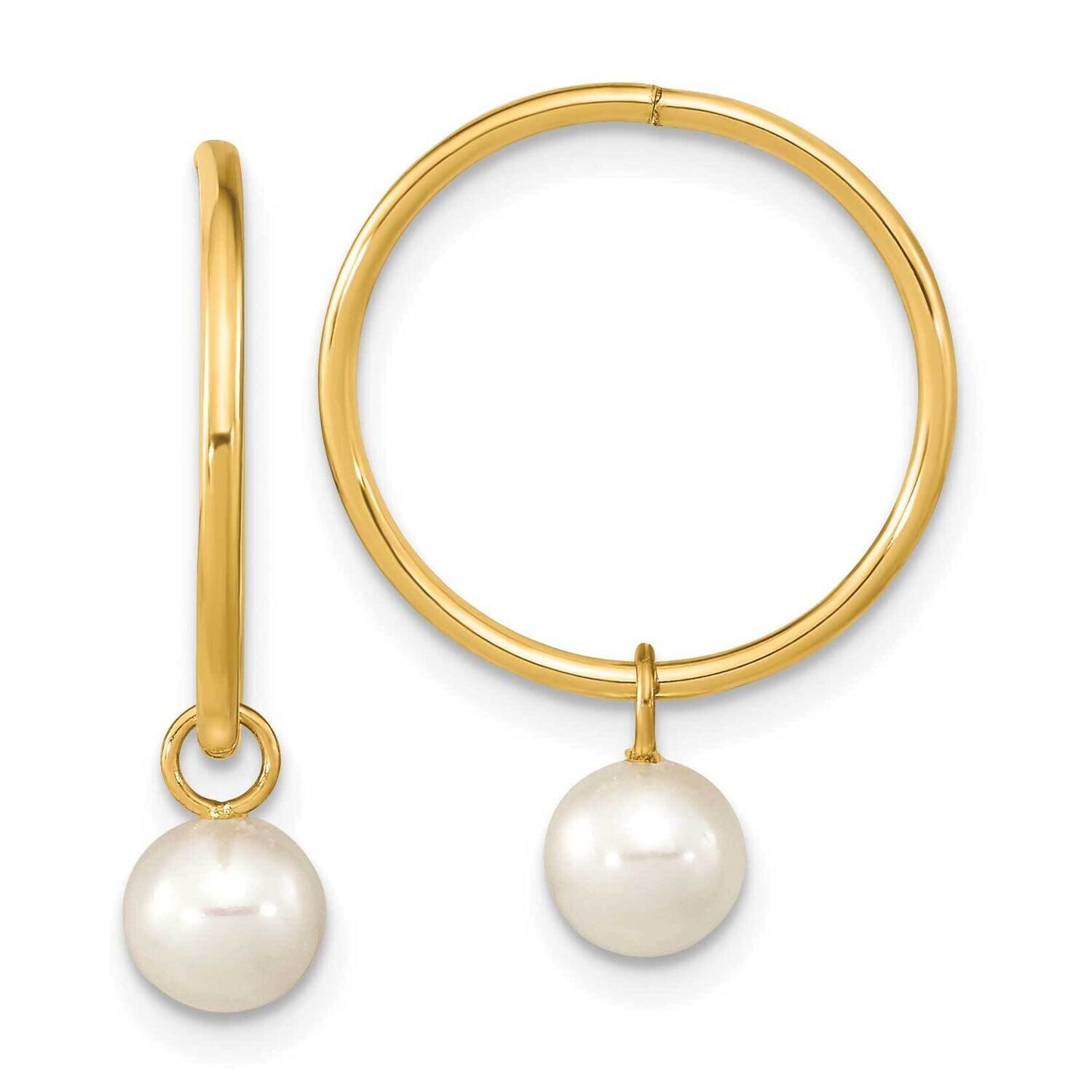 5-6mm Round White Cultured Freshwater Pearl Hoop Earrings 14k Gold XF794E