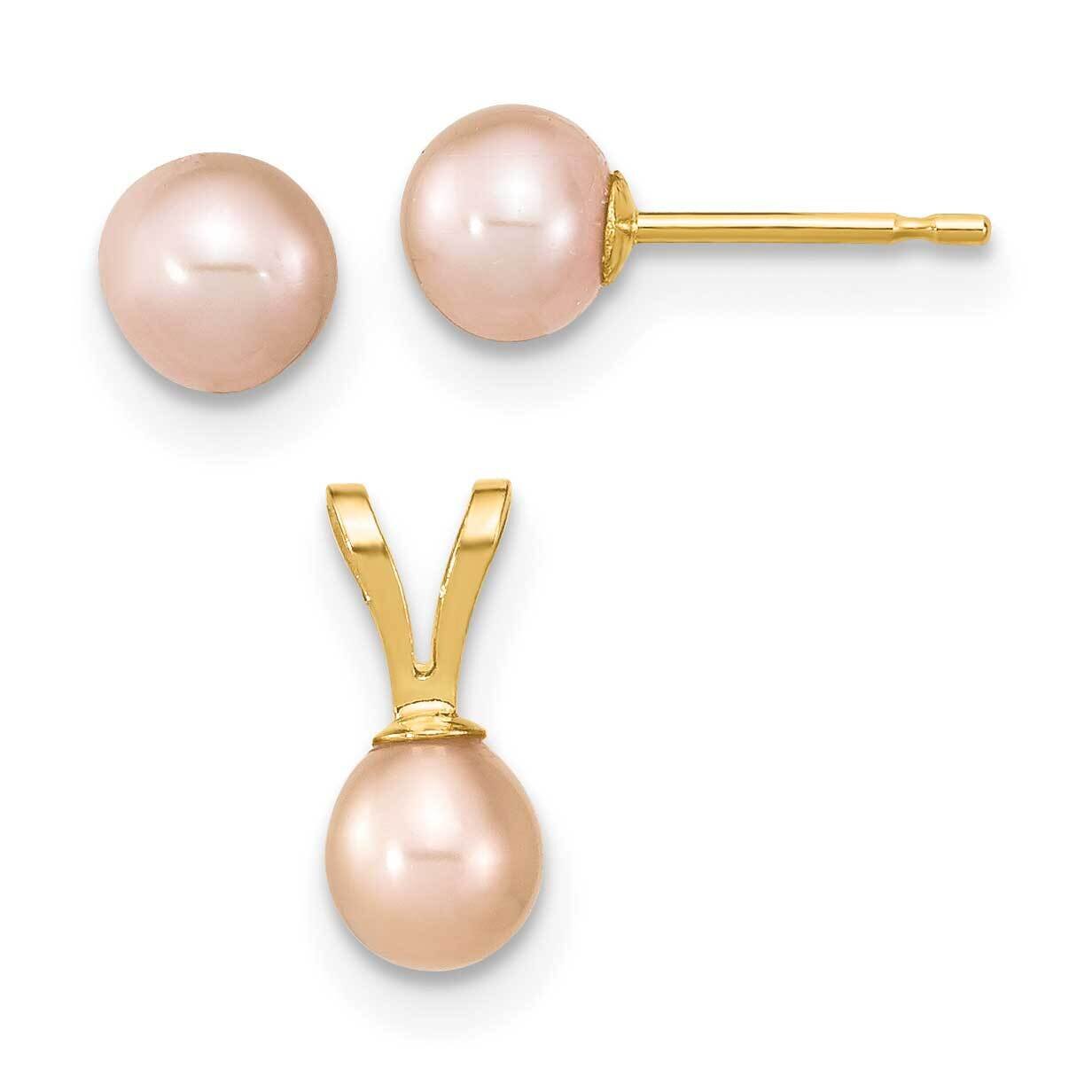 4-5mm Rd Pink Cultured Freshwater Pearl Earring and Pendant Set 14k Gold XF806SET