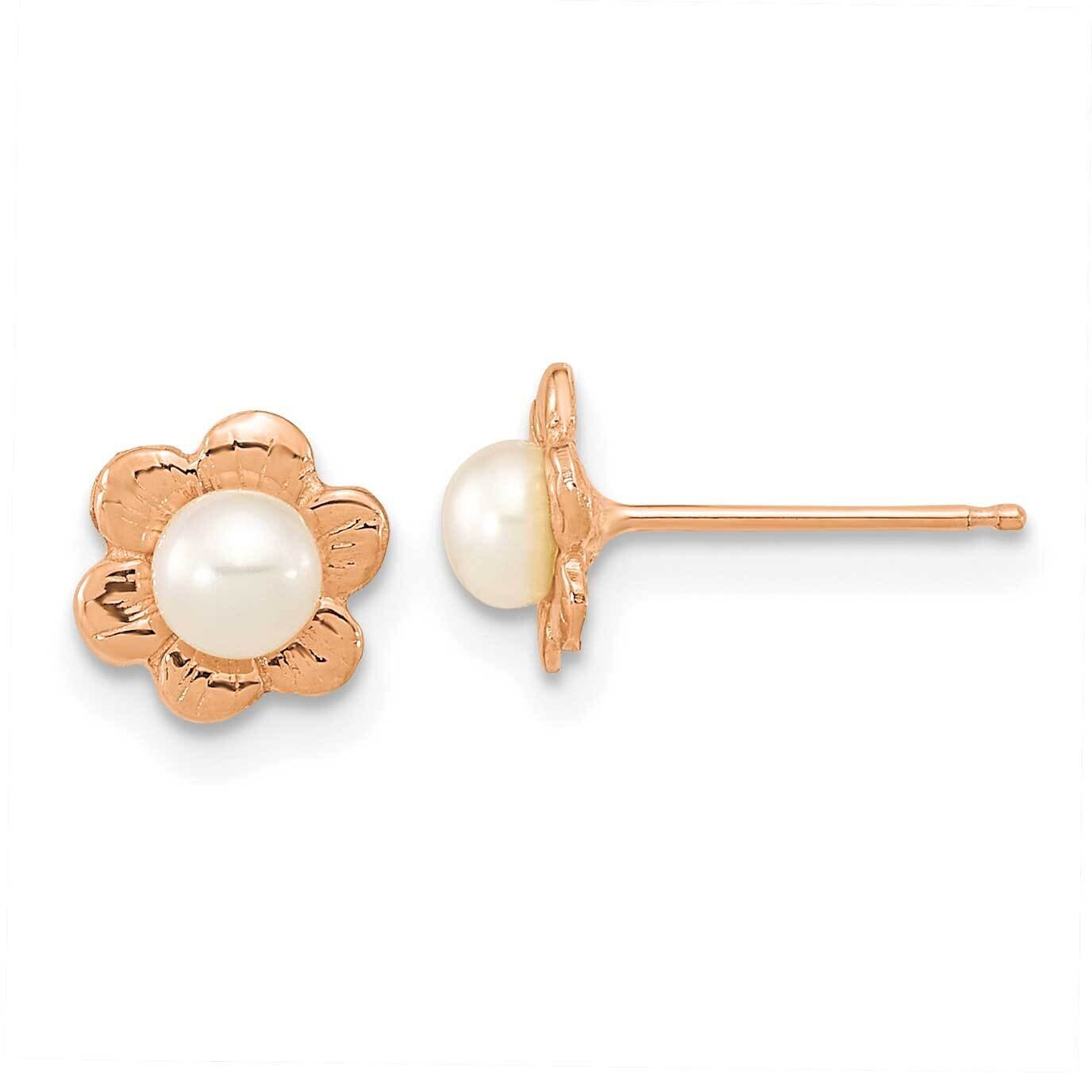 3-4mm Button White Cultured Freshwater Pearl Flower Earrings 14k Rose Gold XFR617E