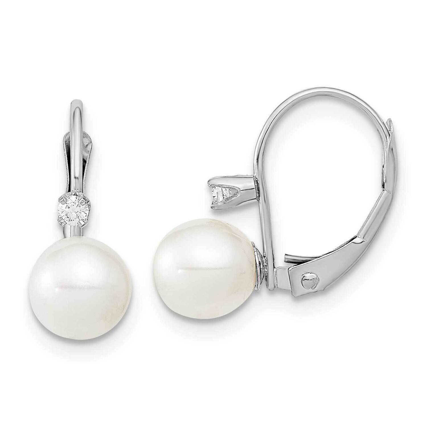 6-7mm Round White Cultured Freshwater Pearl .06Ct. Diamond Earrings 14k White Gold XFW264E