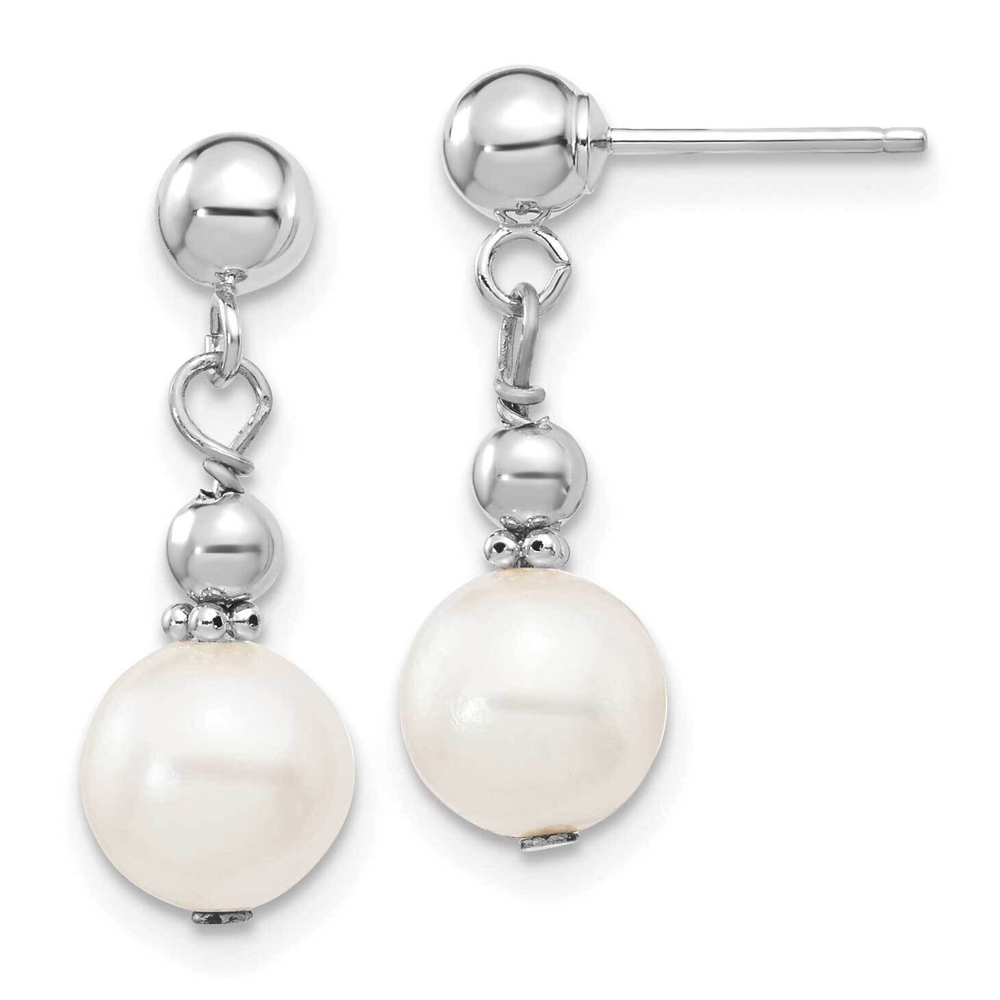 7-8mm White Semi-Round Freshwater Cultured Pearl Dangle Post Earrings 14k White Gold XFW564