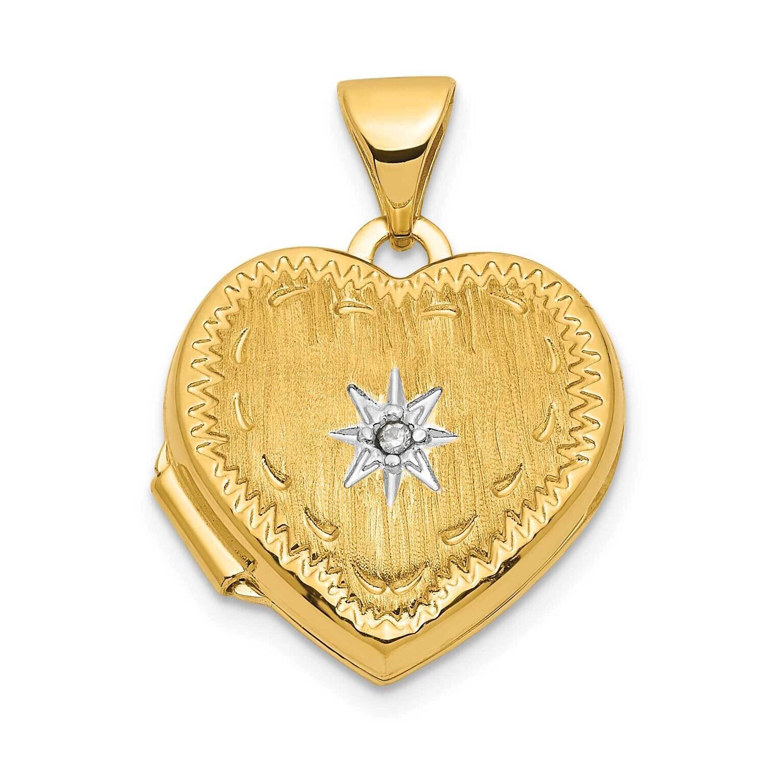 White Rhodium Brushed Diamond Star 15mm Heart Locket 14k Gold XL808