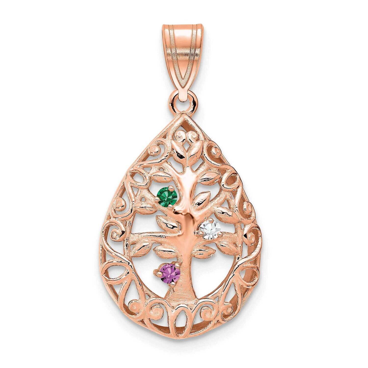 3 Birthstone Tree Of Life Tear Drop Pendant Sterling Silver Rose-plated XNA908/3RP