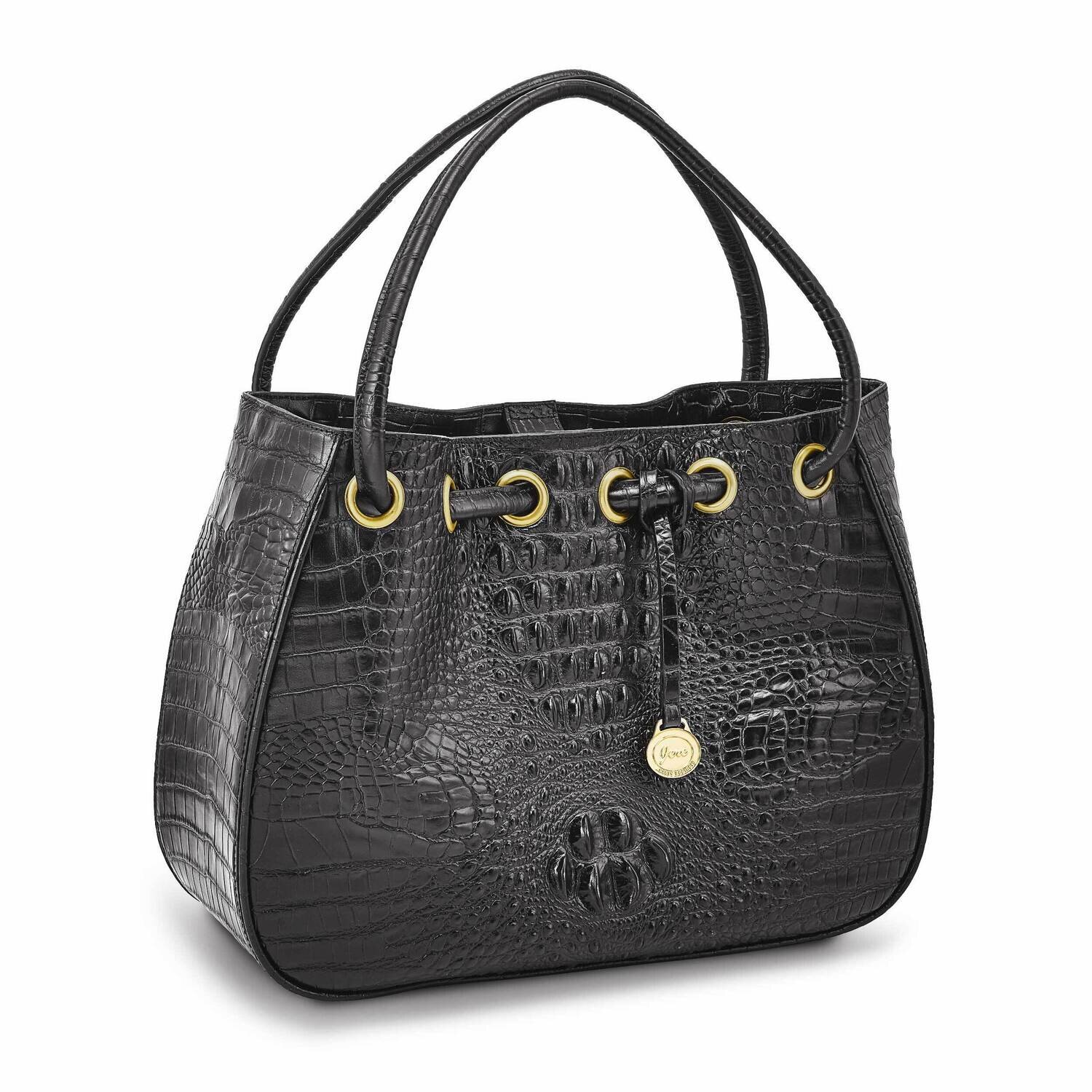 Top Grain Leather Croc Texture Black Drawstring Handbag JLL102-BL