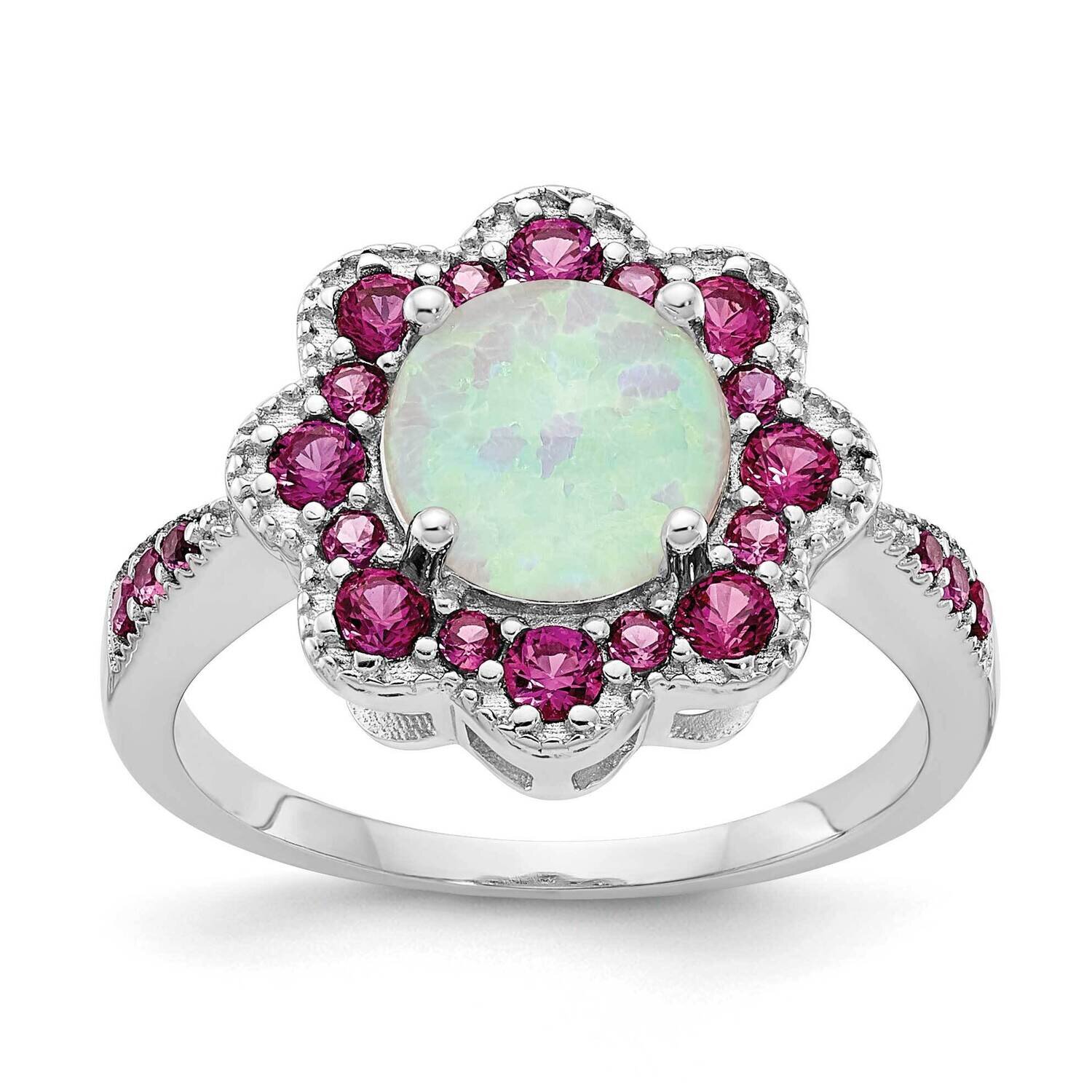 Cheryl M Created Opal Red Nano Crystal Flower Ring Sterling Silver Rhodium-plated QCM1569-6