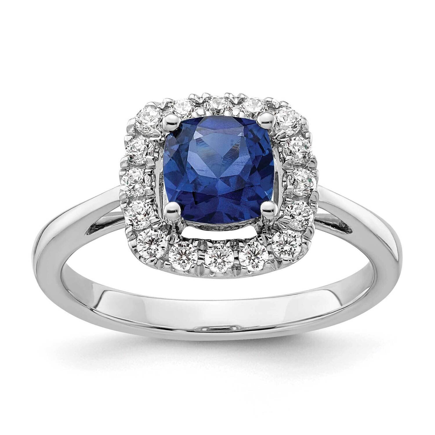Created Blue Sapphire Halo Ring 14k White Gold Lab Grown Diamond RM9037-CSA-028-WLG