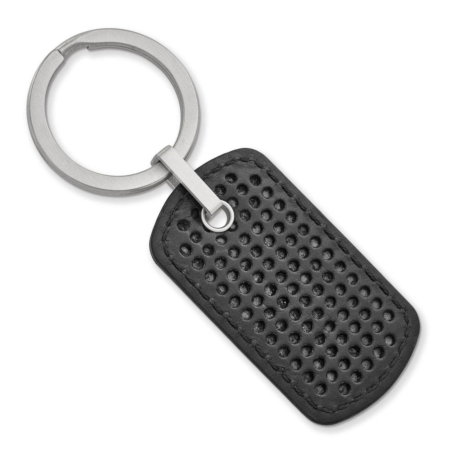 Textured Black Leather Stitched Key Ring Stainless Steel Brushed SRK162