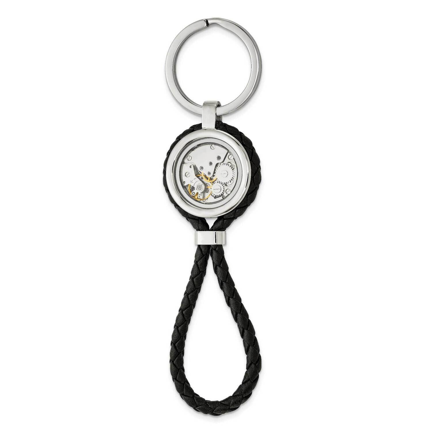 Polished Yellow Ip with CZ Diamond Leather Key Ring Stainless Steel Brushed SRK166