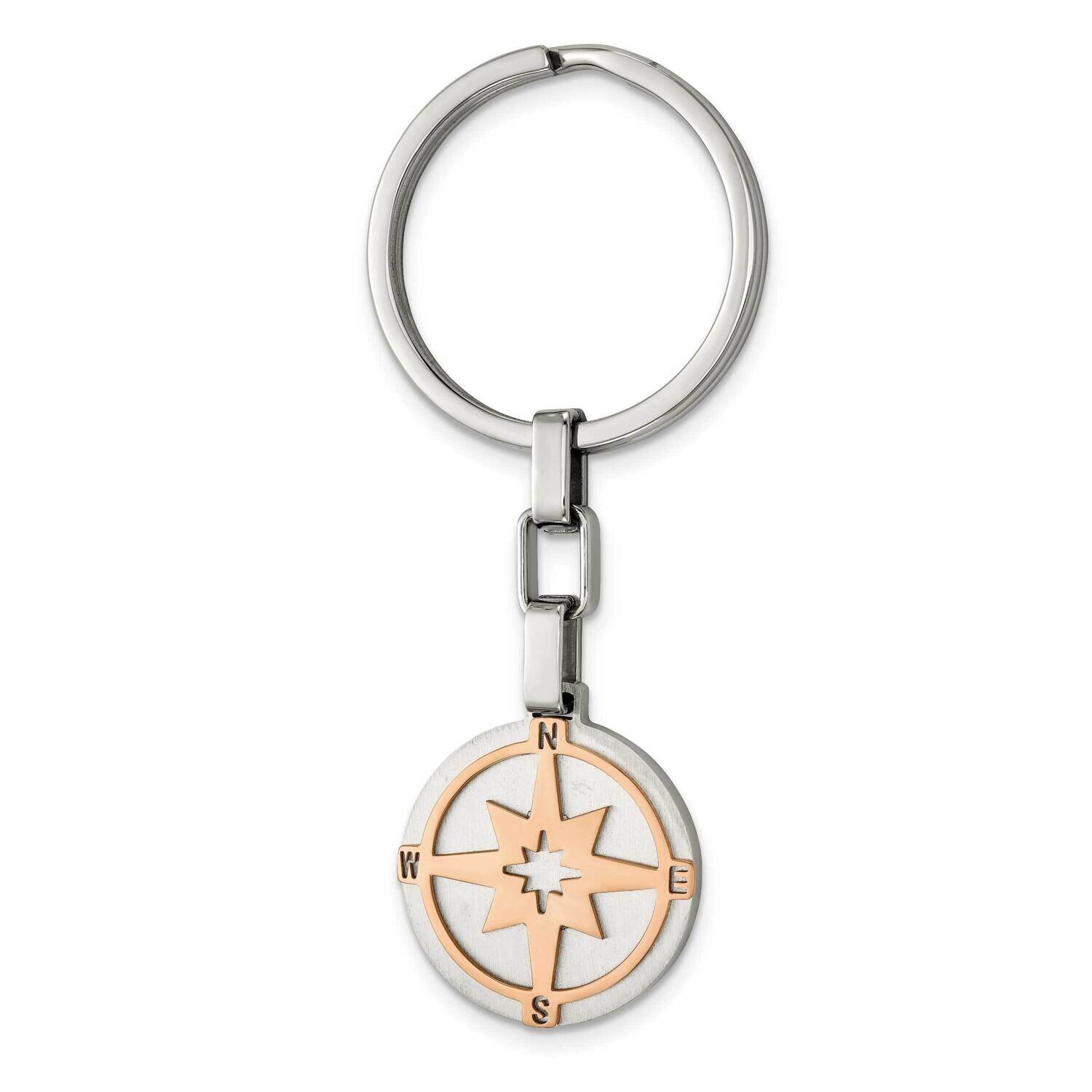 Polished Rose Ip-Plated Compass Key Ring Stainless Steel Brushed SRK173