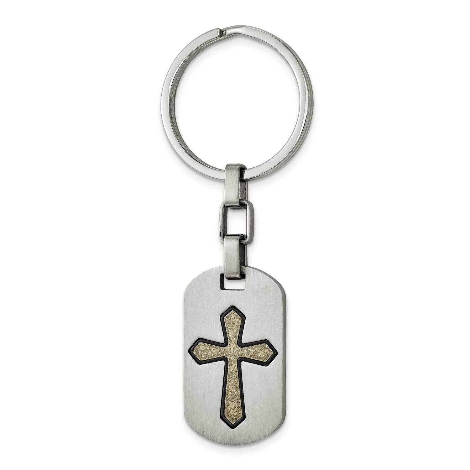 Textured Black/Yellow Ip-Plated Cross Key Ring Stainless Steel Brushed SRK174