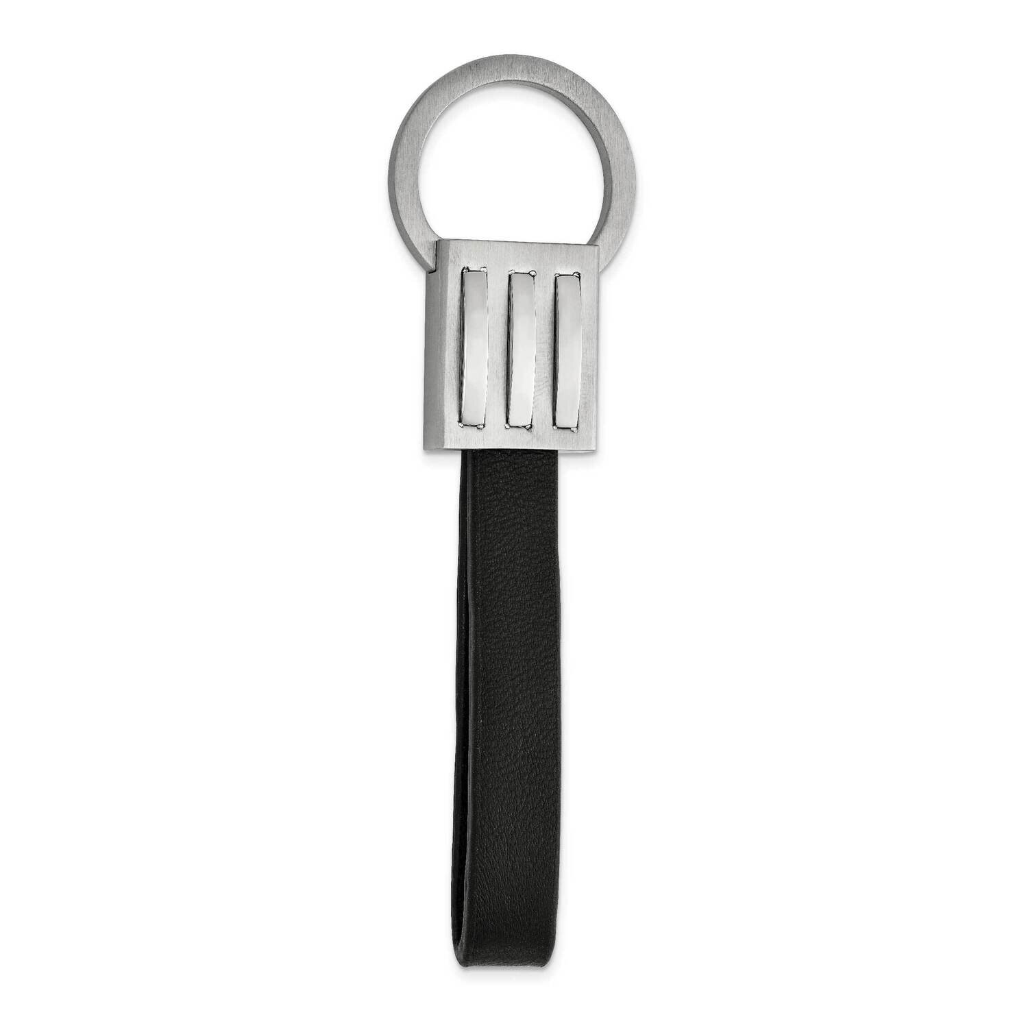 Polished Black Leather Key Ring Stainless Steel Brushed SRK175