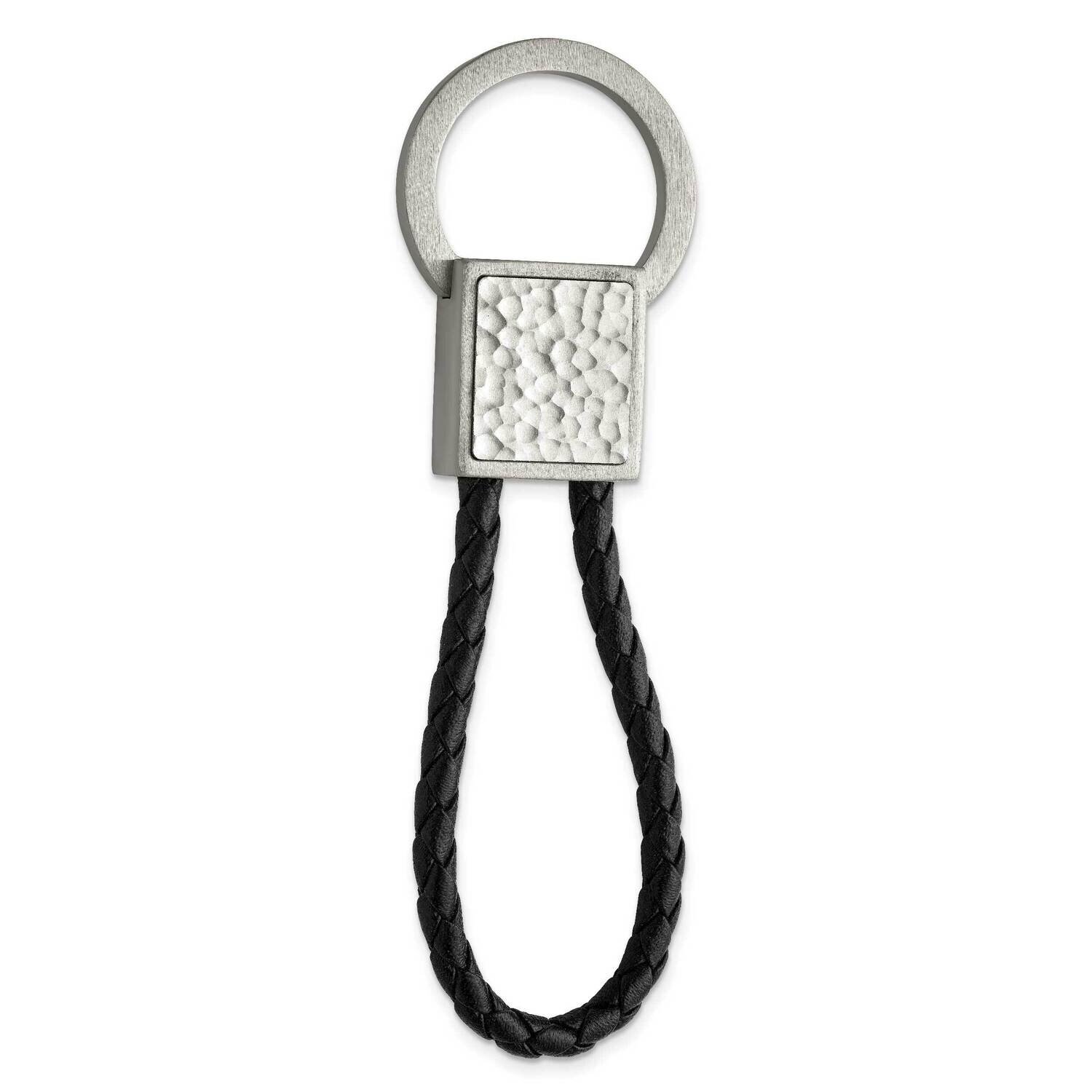 Hammered Black Leather Key Ring Stainless Steel Brushed SRK181