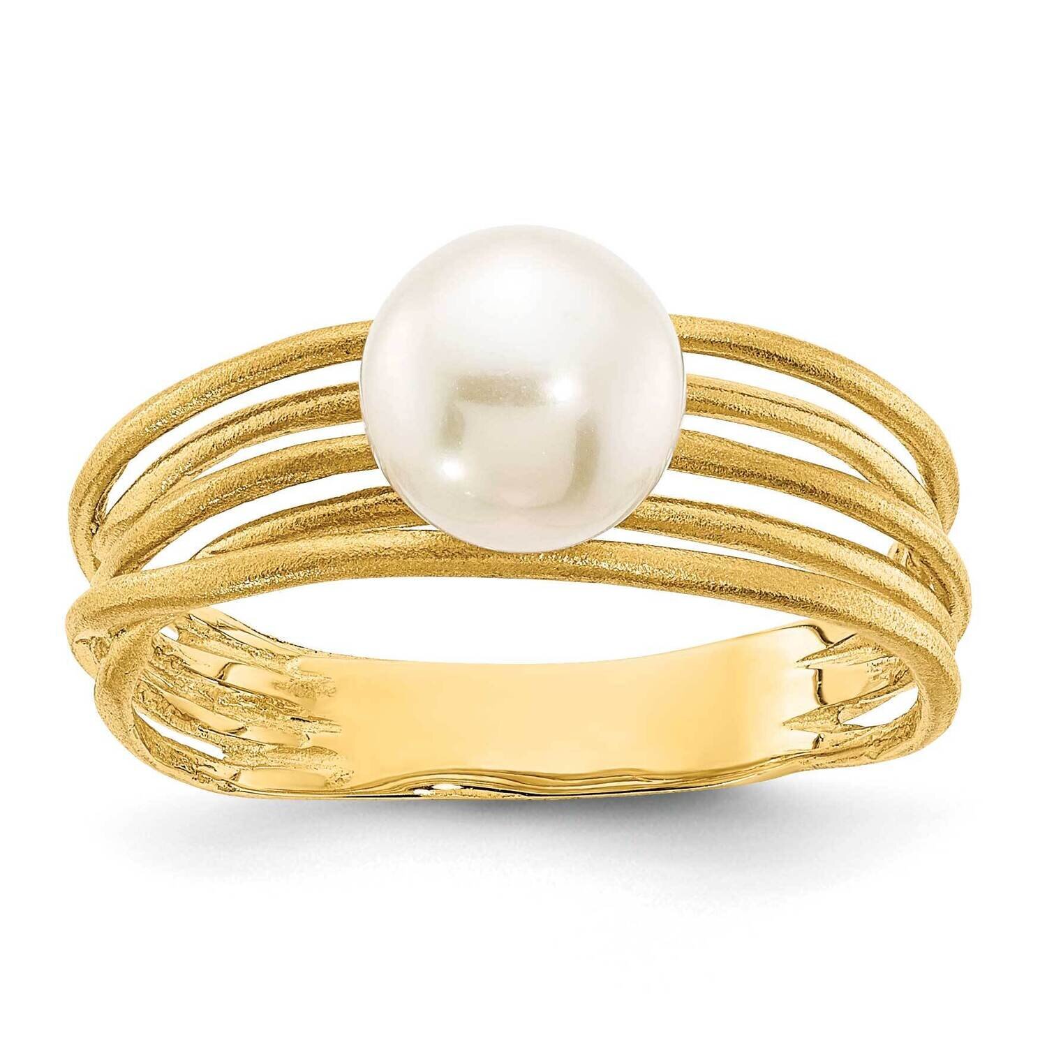 7-8mm Round White Freshwater Cultured Pearl Brushed Ring 14k Gold Y13946PL